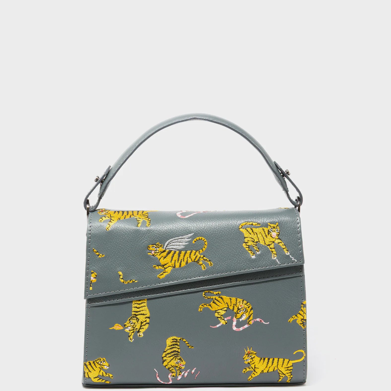 Anastasio Mini Crossbody Handbag Stormy Gray Leather - Tiger And Snake Print - Front