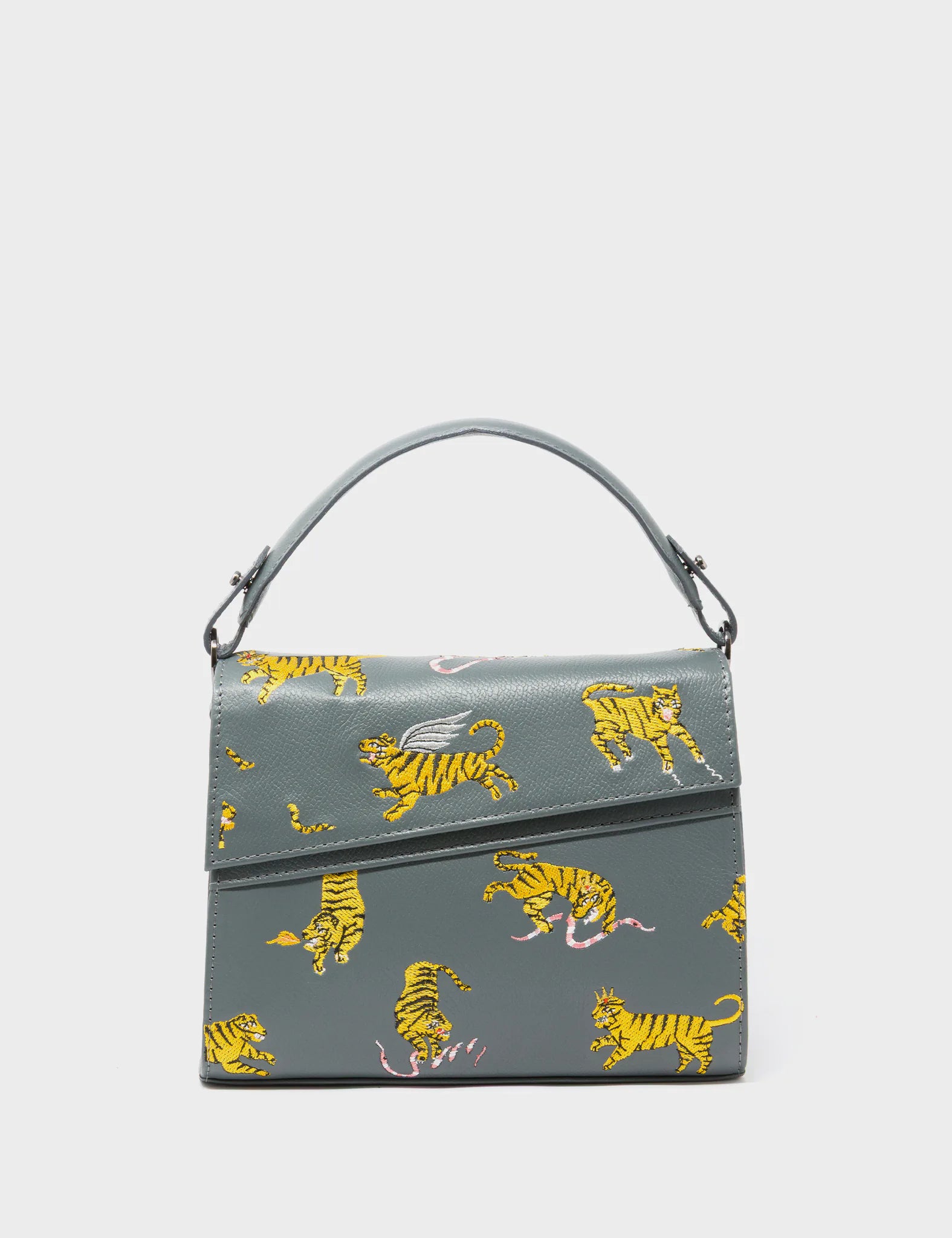 Anastasio Mini Crossbody Handbag Stormy Gray Leather - Tiger And Snake Print - Front