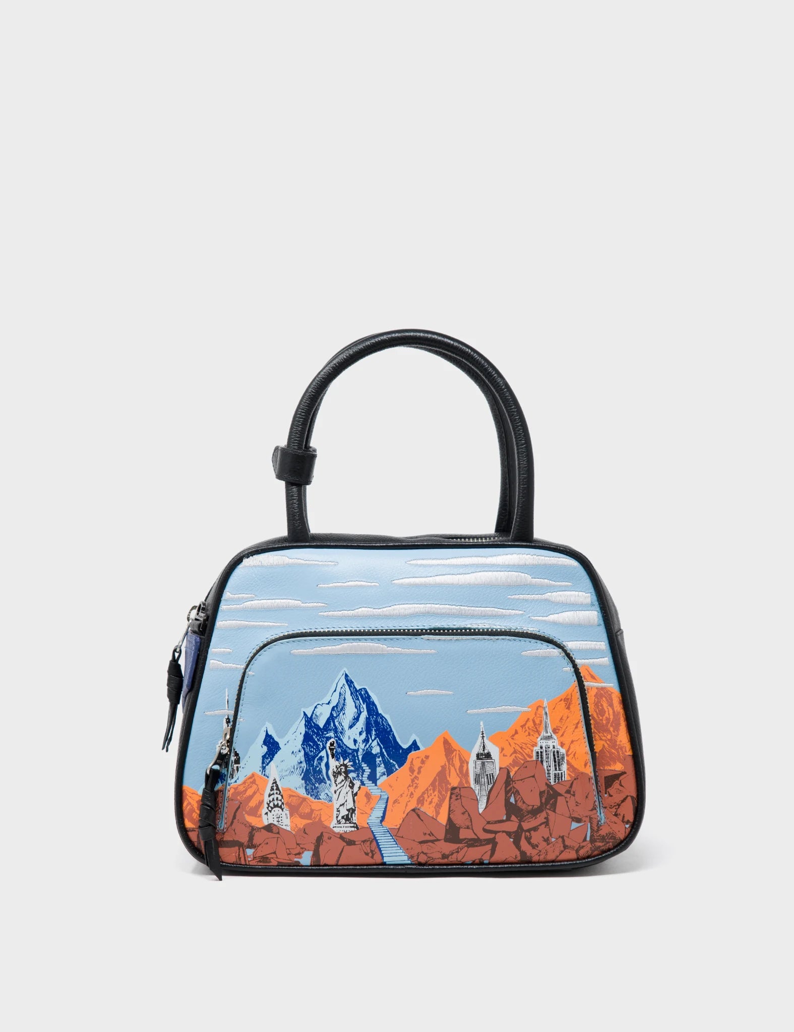 Blue Crossbody Leather Bag - Mountains, Flowers and Clouds Design - Front 