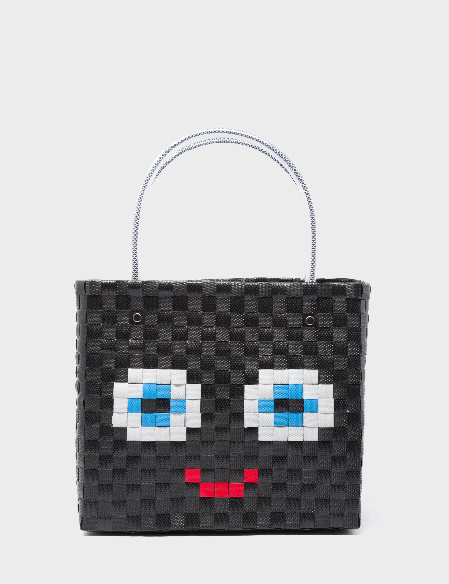 Medium Black Handwoven Market Bag - Happy Face Design - Front View