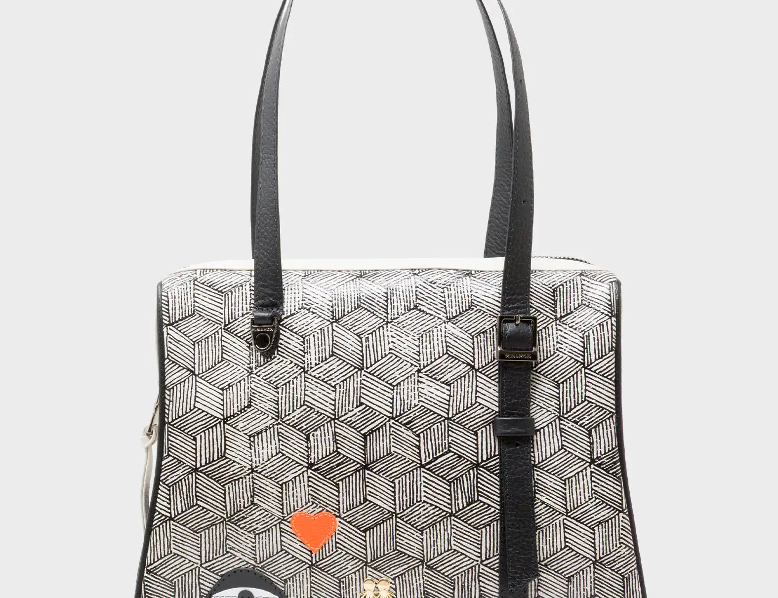 Esther Cream and Black Satchel Bag - Cubes Design - Front