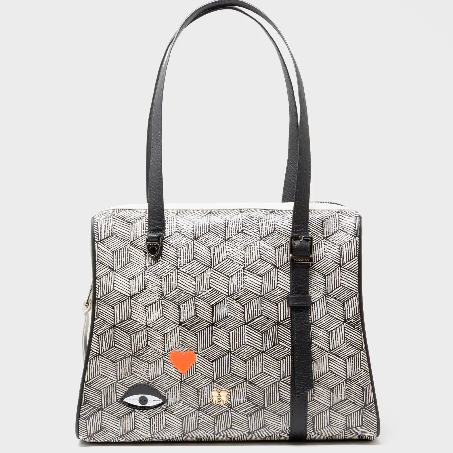 Esther Cream and Black Satchel Bag - Cubes Design - Front