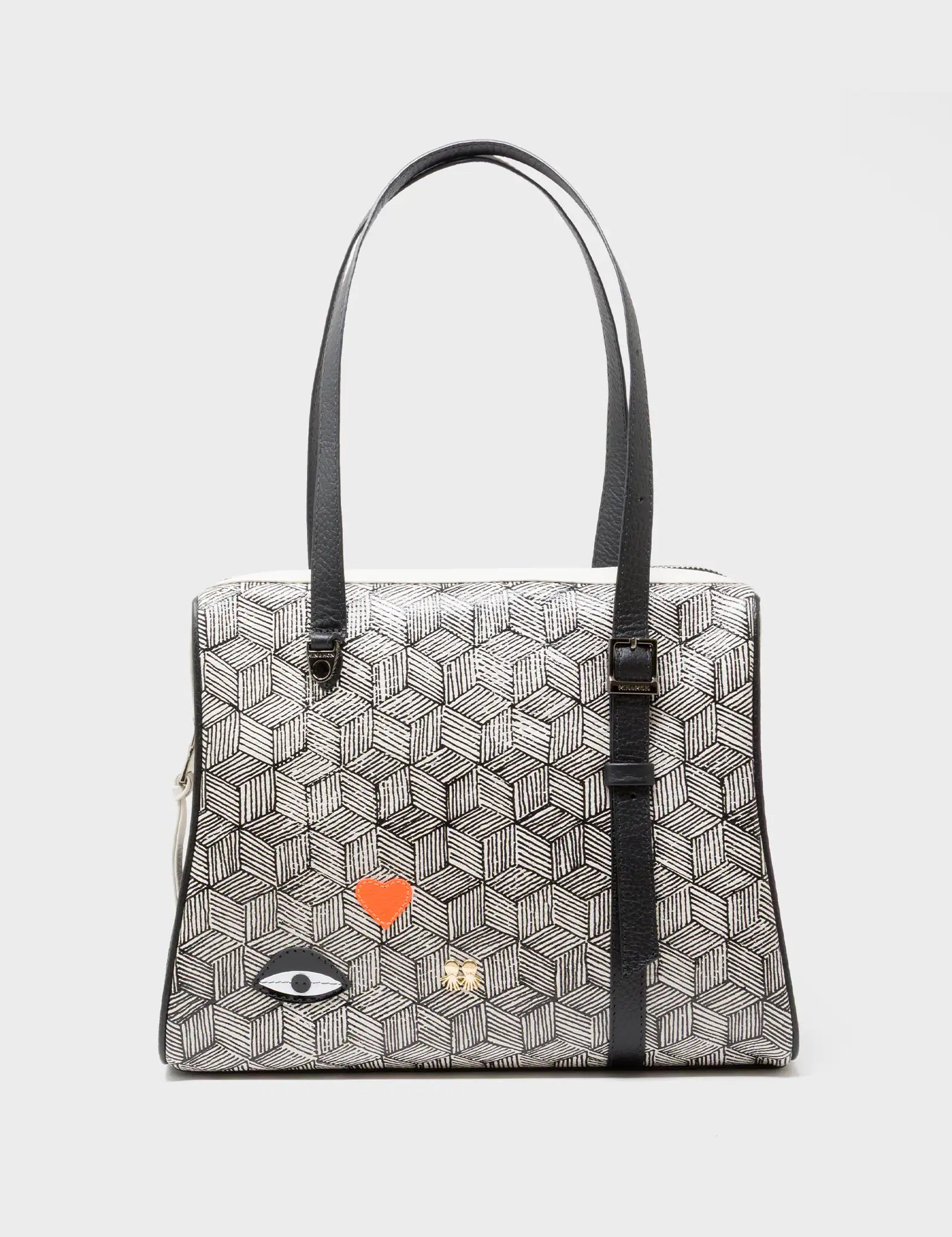 Esther Cream and Black Satchel Bag - Cubes Design - Front