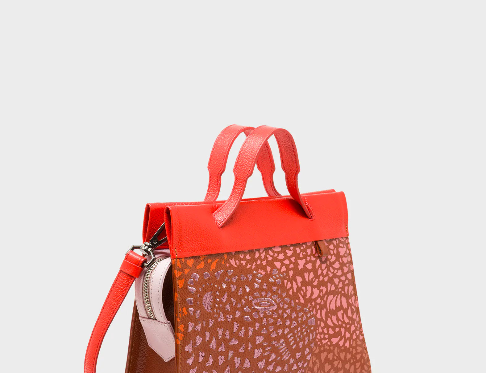 Vali Crossbody Baked City Brown and Fiesta Red Leather Bag - Retro Tiger Embroidery - Side View