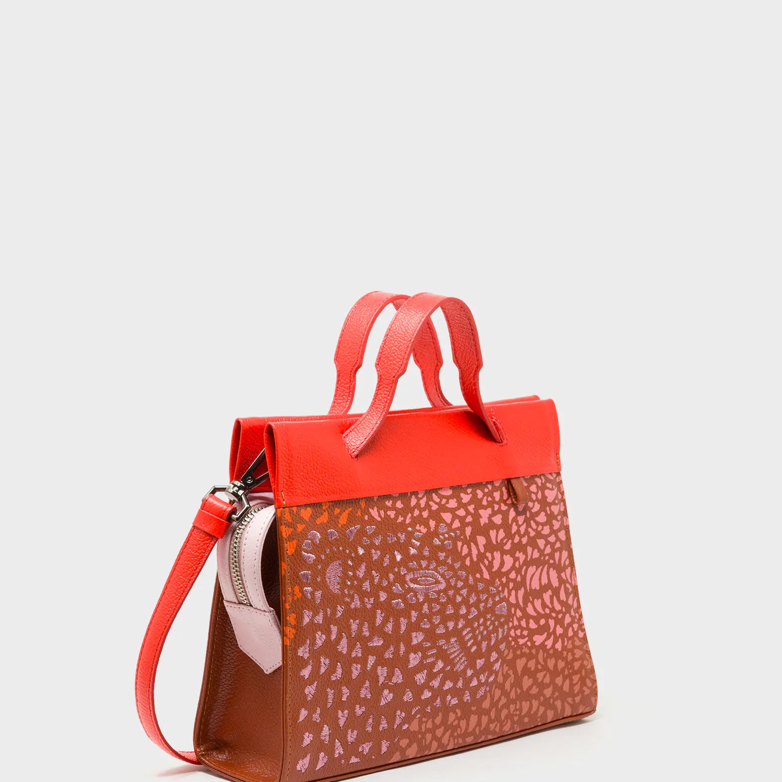 Vali Crossbody Baked City Brown and Fiesta Red Leather Bag - Retro Tiger Embroidery - Side View