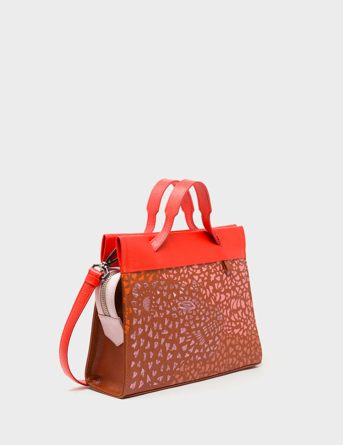 Vali Crossbody Baked City Brown and Fiesta Red Leather Bag - Retro Tiger Embroidery - Side View