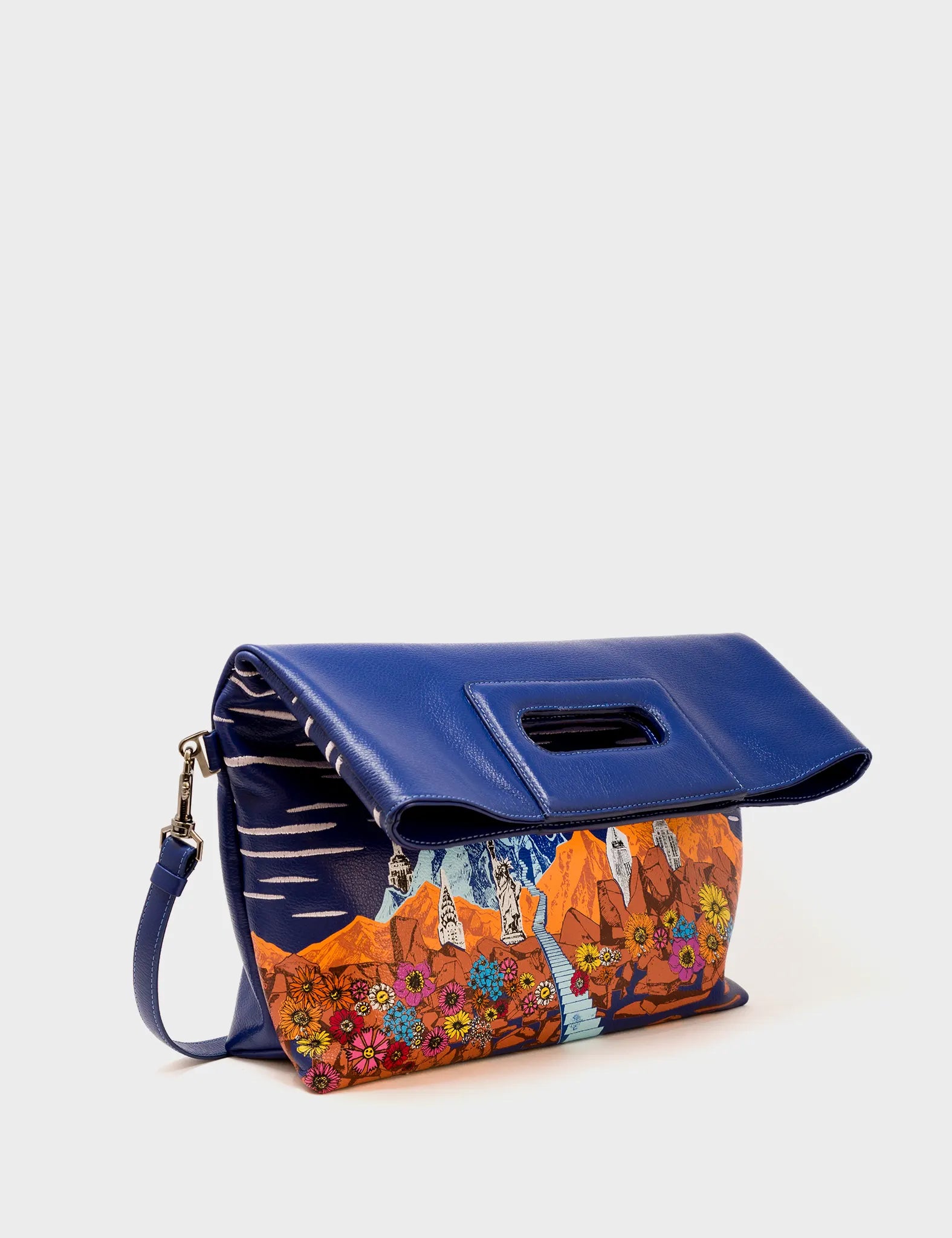 Convertible Royal Blue Leather Handbag - Utopian Landscape  - Folded