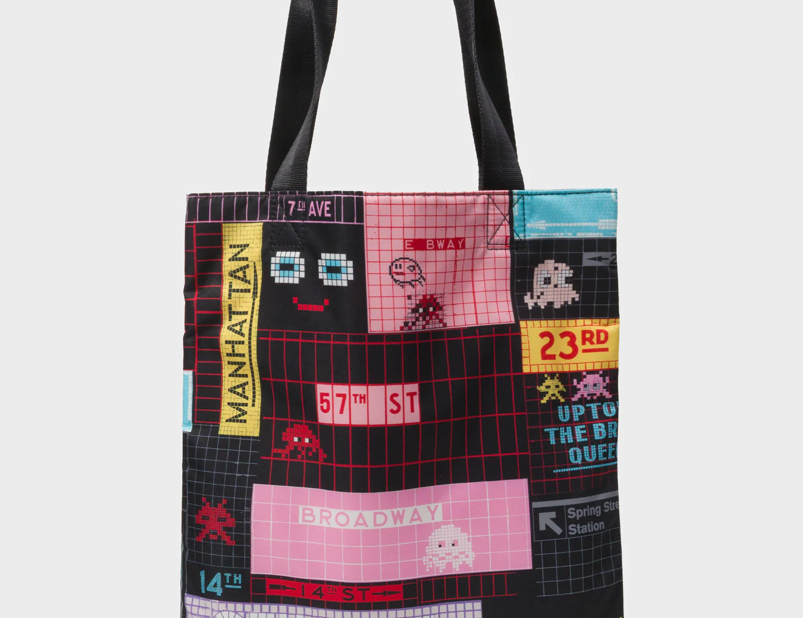 The Everyday Tote Bag - Black Cyclepet Fabric Subway Stories Print - Back View