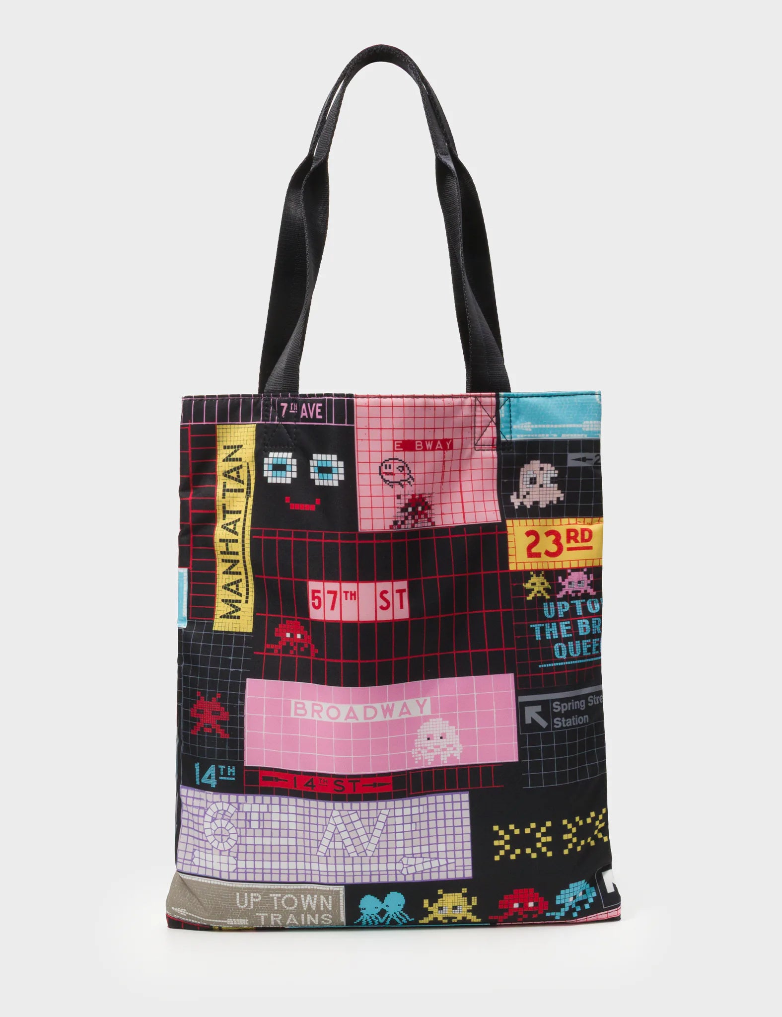 The Everyday Tote Bag - Black Cyclepet Fabric Subway Stories Print - Back View