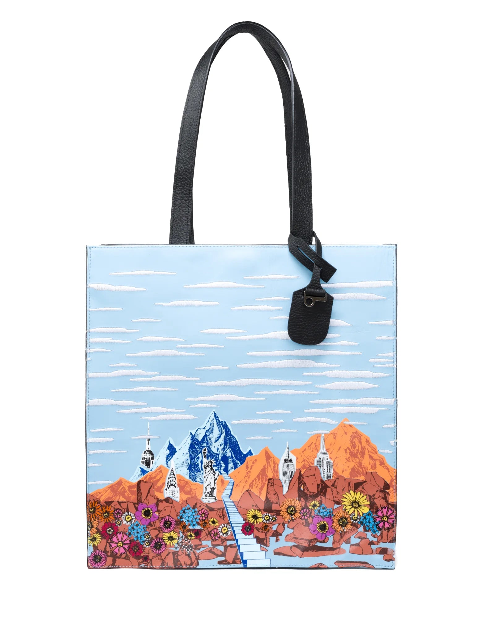 Blue Leather Tote Bag - Mountains, Flowers and Clouds Design - Front