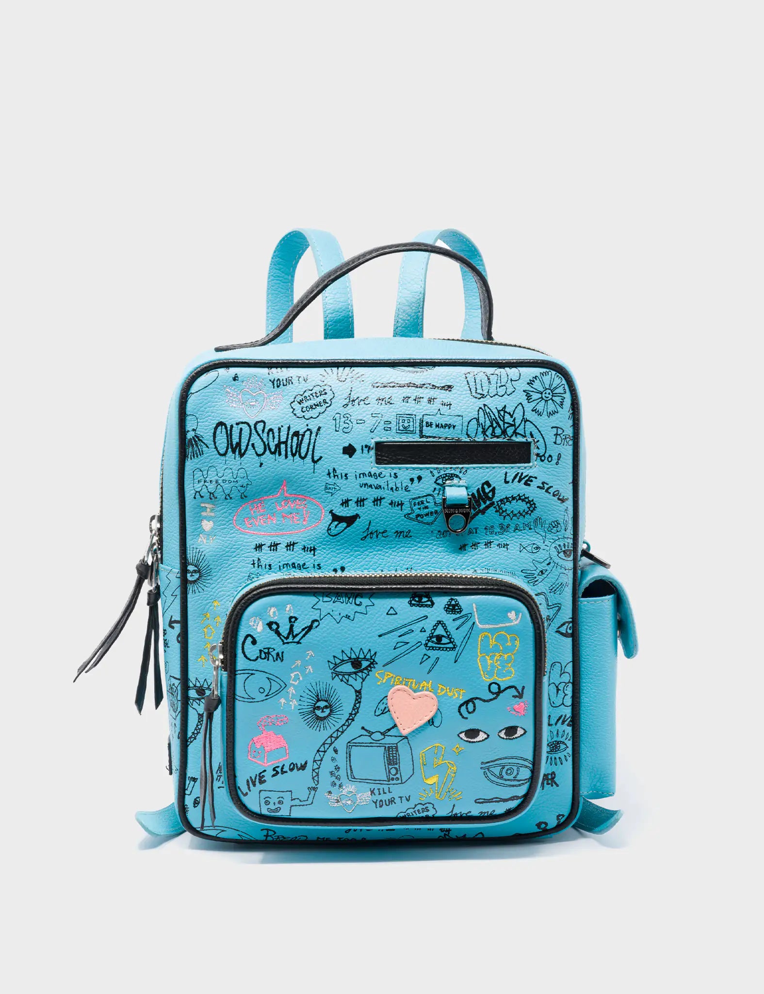 Vinyl Cyan Leather Small Backpack - Urban Doodles Print - Front View