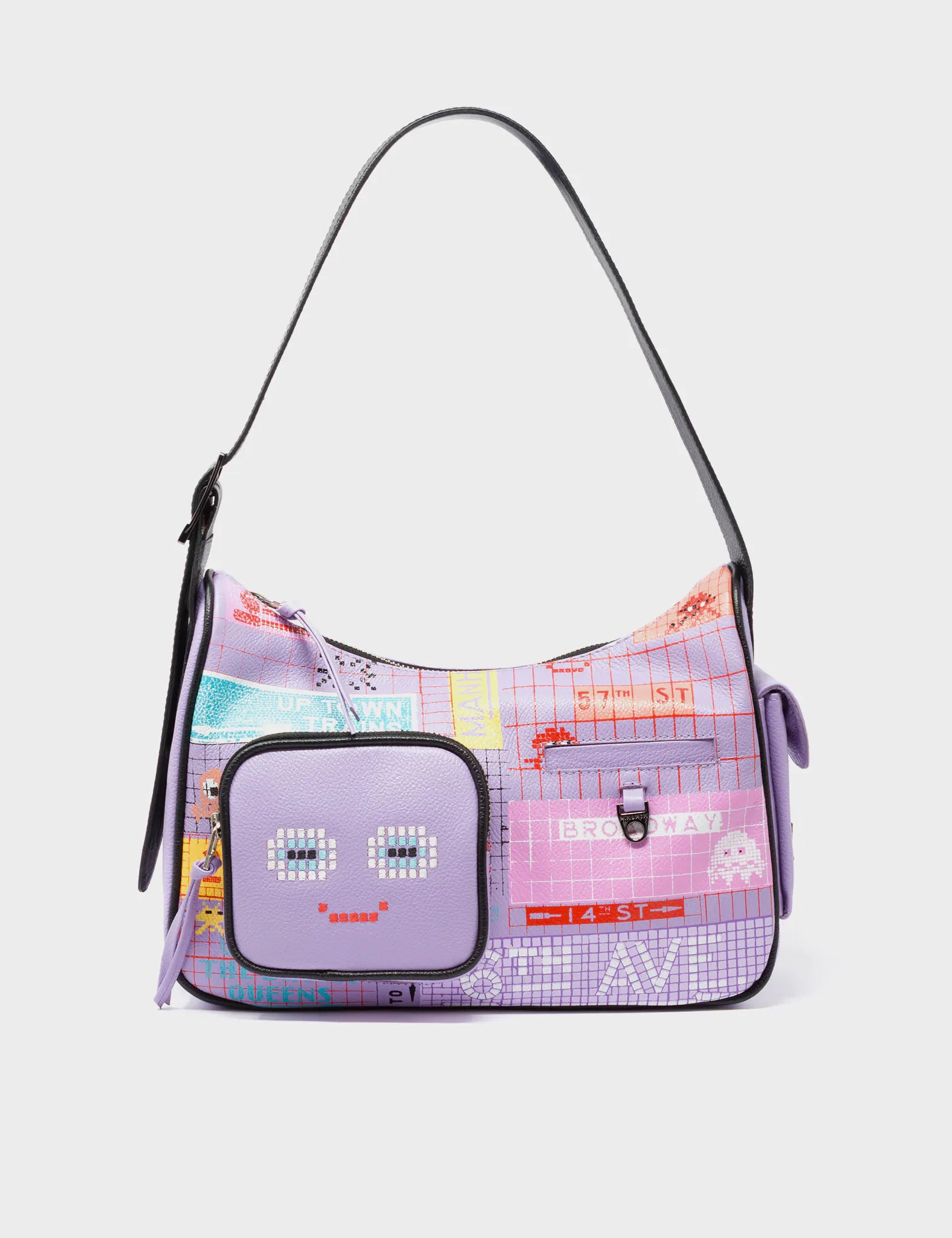 Vinyl Lavender Leather Hobo With Pocket - Subway Stories Design - Front View