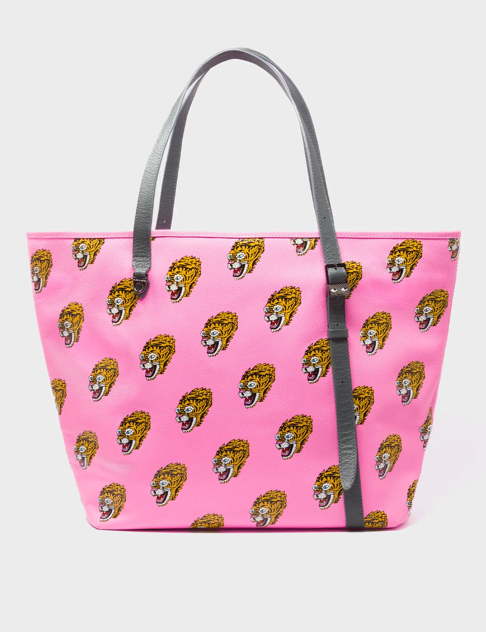 Bruno Bubblegum Pink Leather Tote Bag - Blazing Tiger Print - Front View