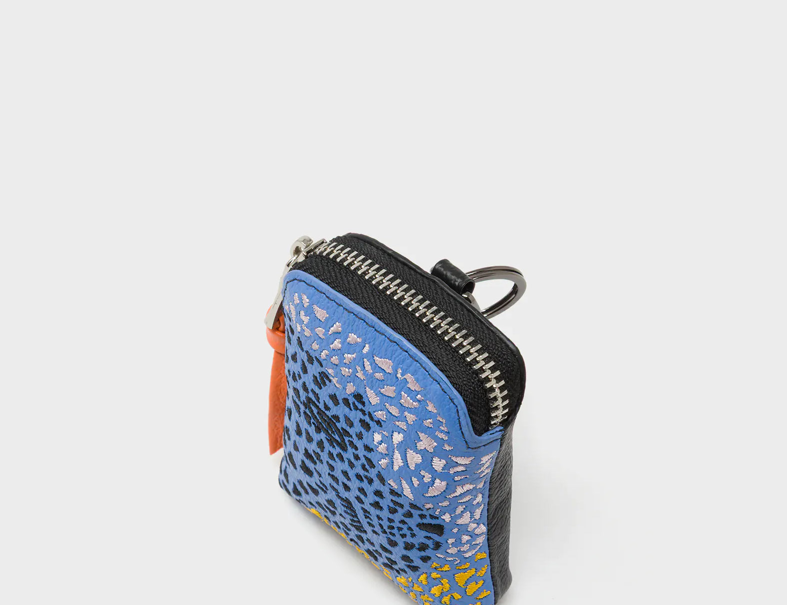 Florence Pouch Charm - Vista Blue and Black Leather Keychain Retro Tiger Embroidery - Up View