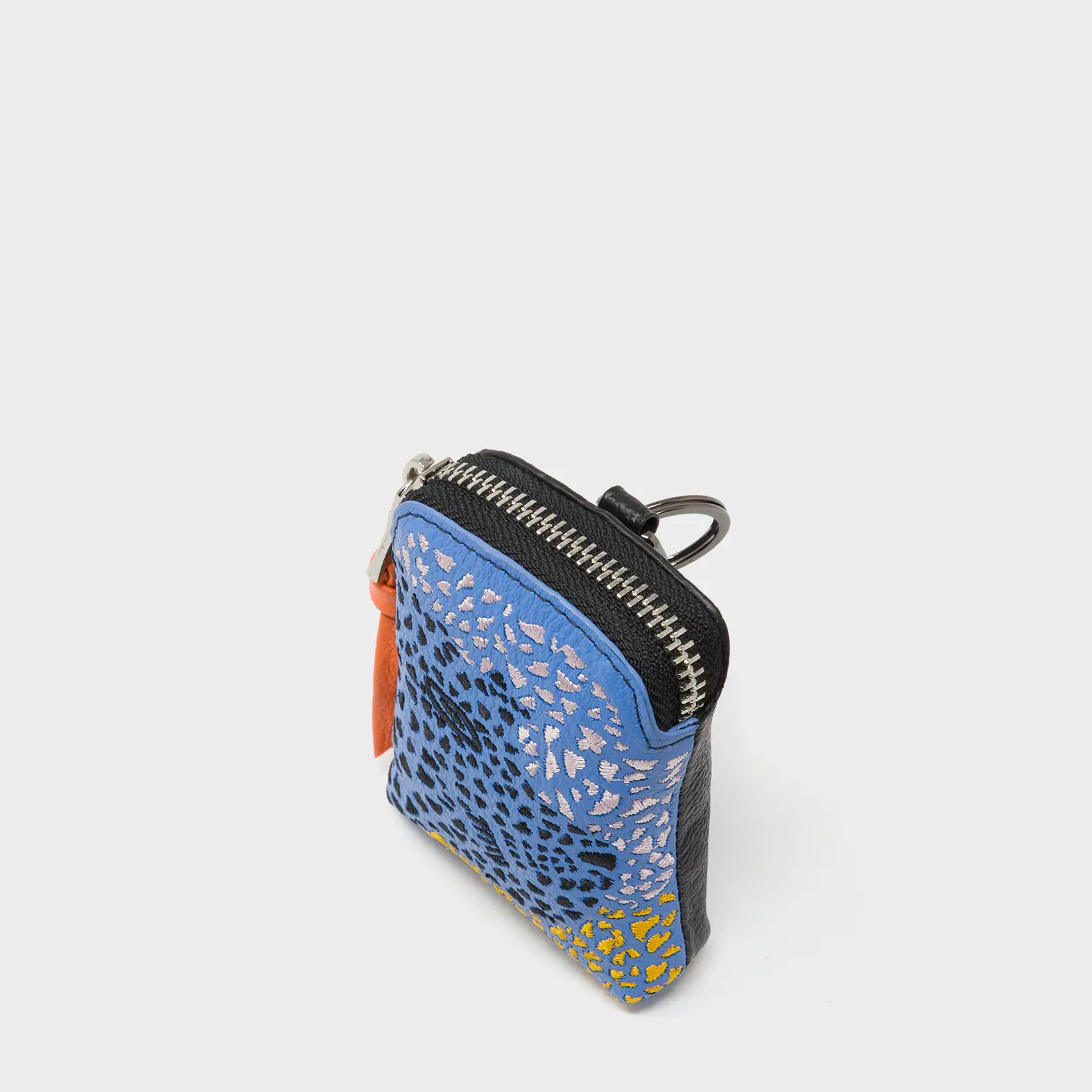 Florence Pouch Charm - Vista Blue and Black Leather Keychain Retro Tiger Embroidery - Up View