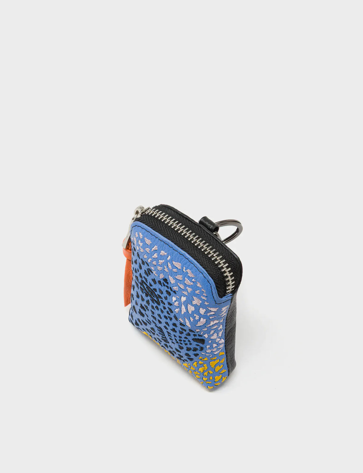Florence Pouch Charm - Vista Blue and Black Leather Keychain Retro Tiger Embroidery - Up View