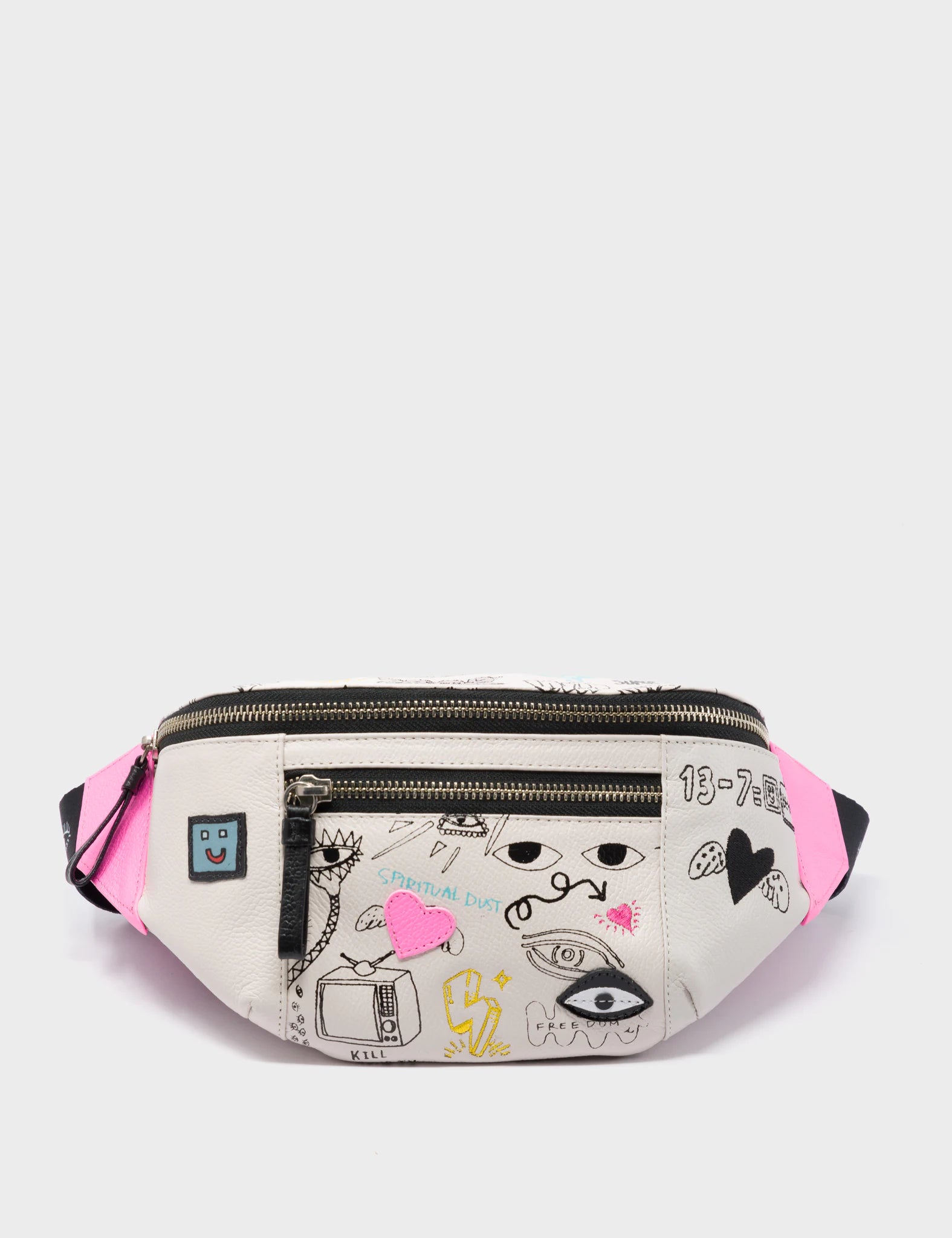 Harold Fanny Pack Cream Leather - Urban Doodles Embroidery - Front View