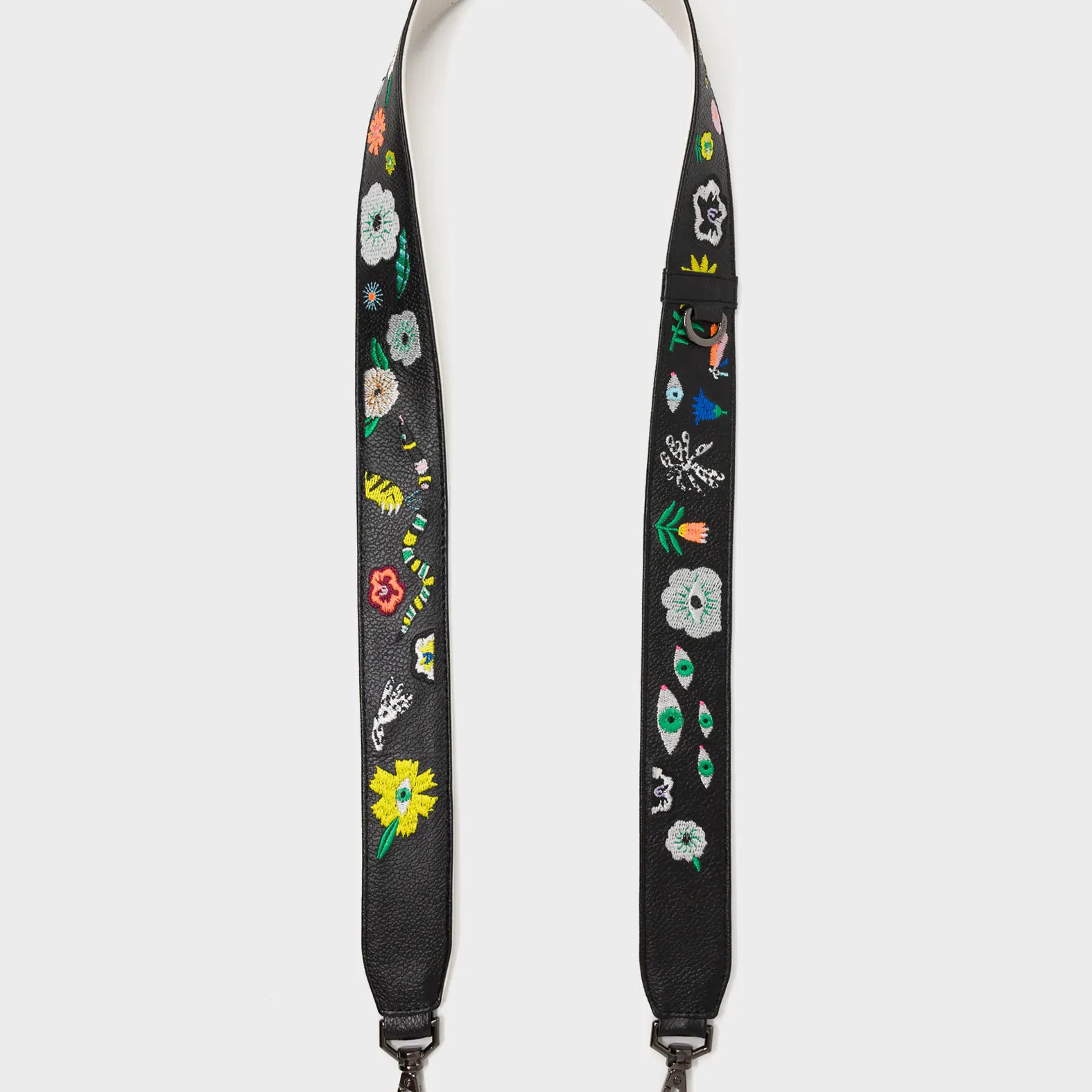 Detachable Black Leather Shoulder Strap - Floralia Embroidery  - Open