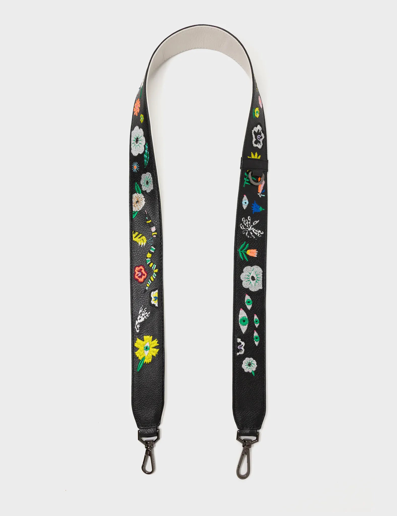 Detachable Black Leather Shoulder Strap - Floralia Embroidery  - Open