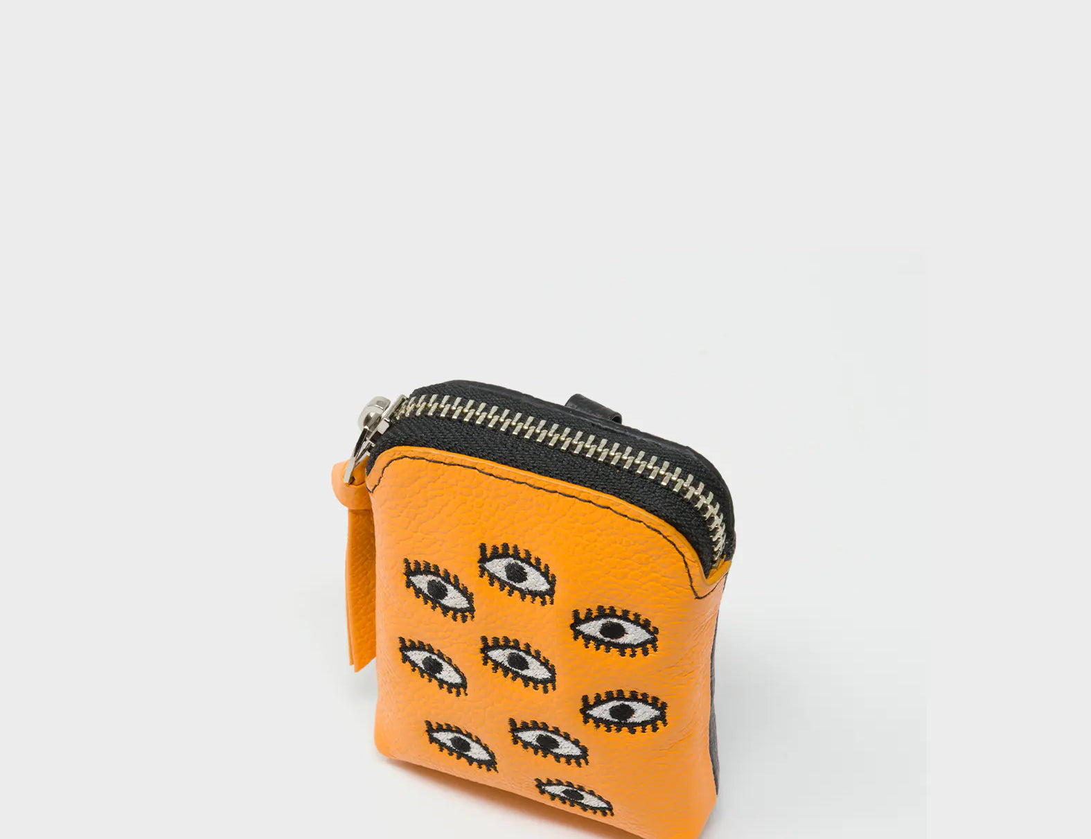 Florence Pouch Charm - Flamingo Orange Leather Keychain All Over Eyes Embroidery - Main View