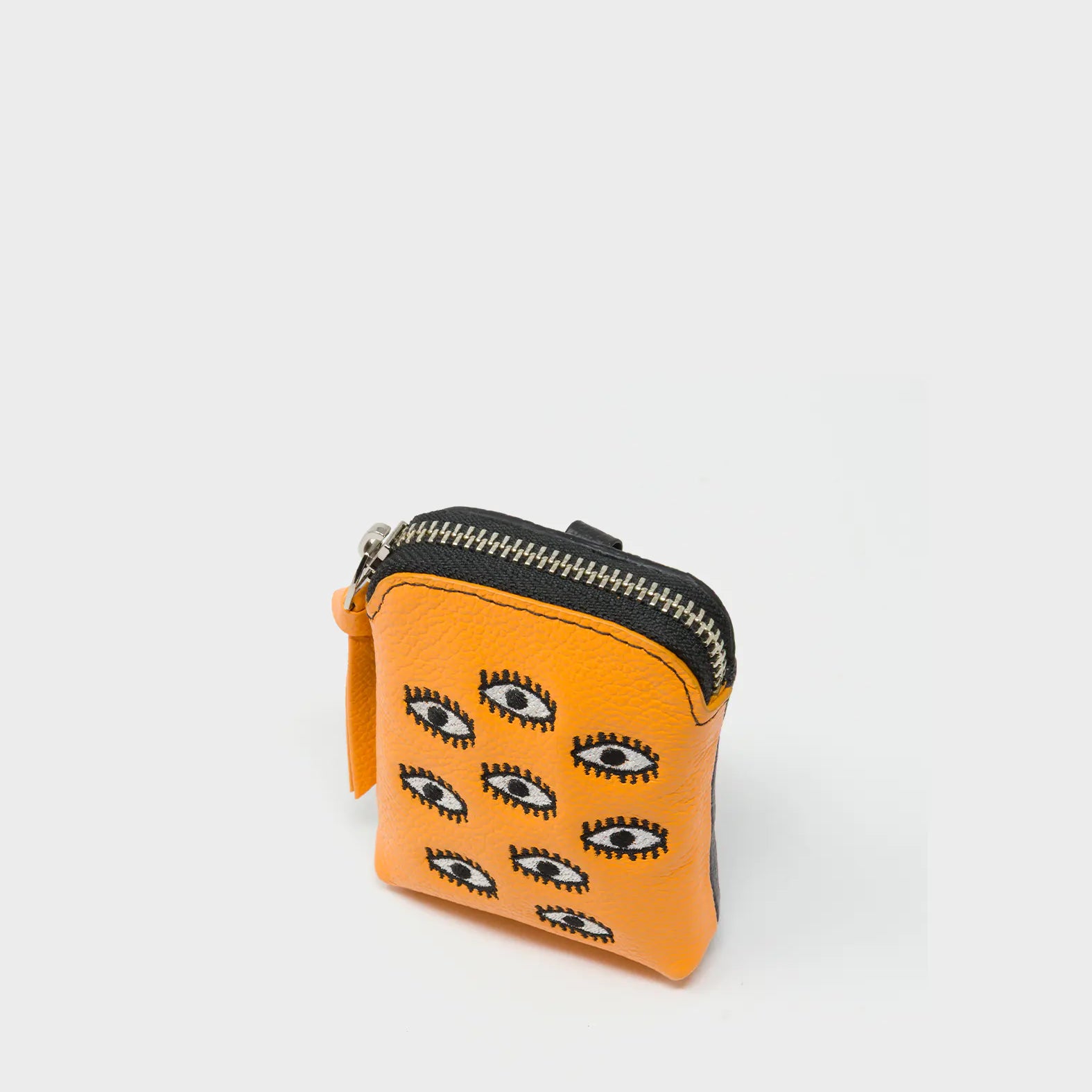 Florence Pouch Charm - Flamingo Orange Leather Keychain All Over Eyes Embroidery - Main View