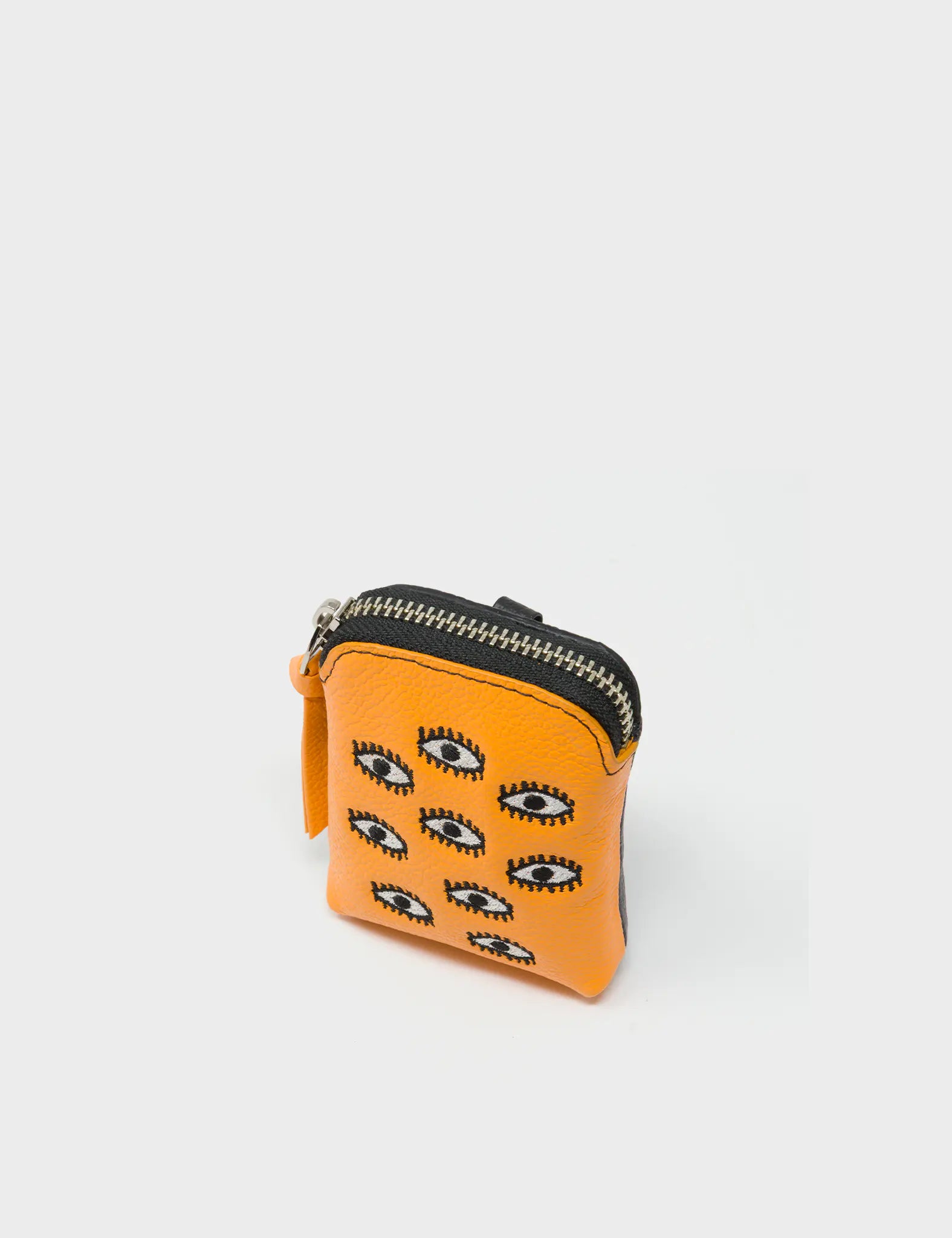Florence Pouch Charm - Flamingo Orange Leather Keychain All Over Eyes Embroidery - Main View