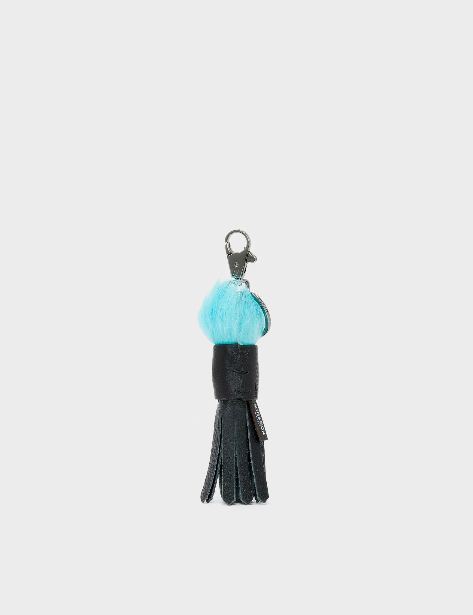 Calamari Charm - Black Leather and Blue Fur Keychain - Black