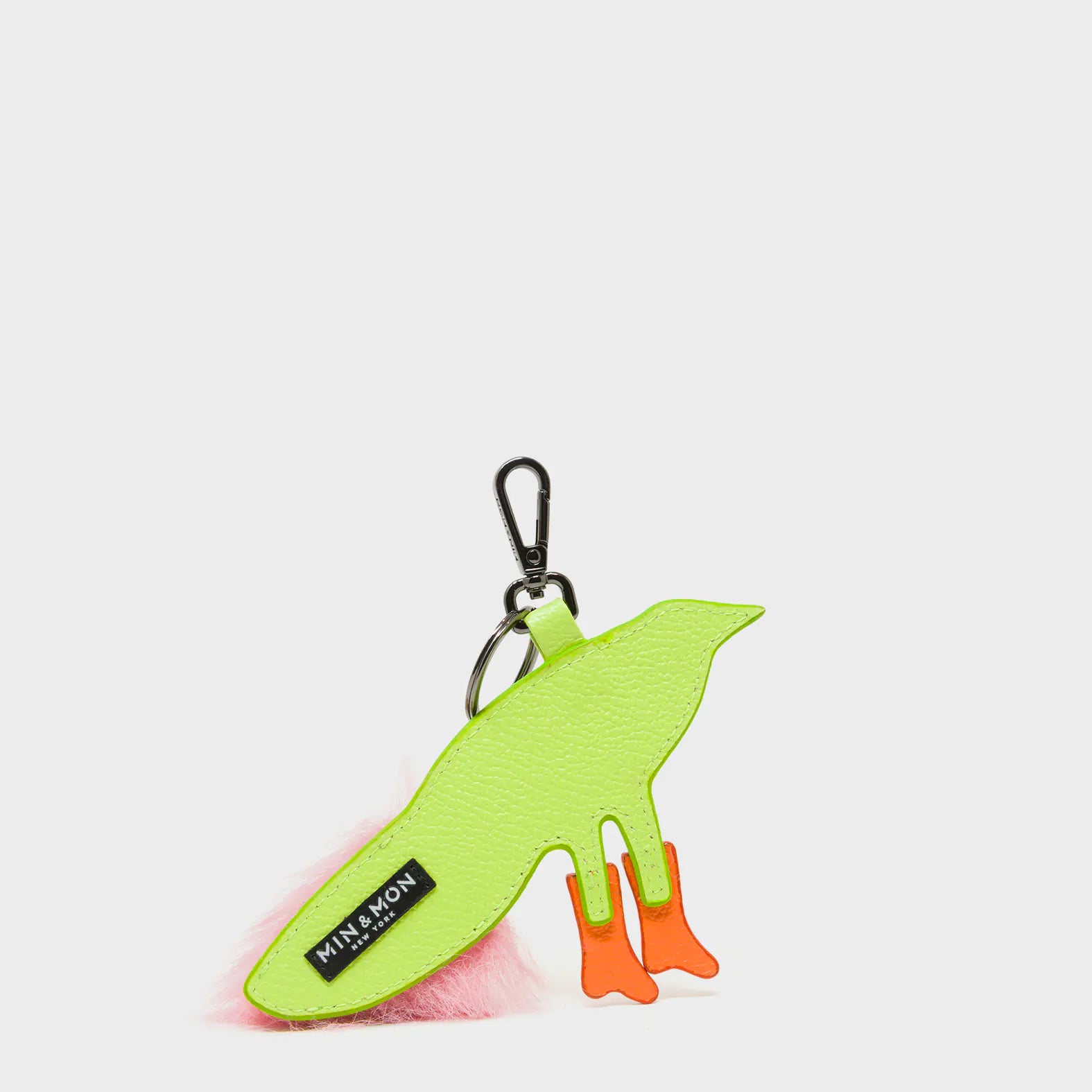 Bird In Boots Charm - Neon Lime and Pink Leather Keychain - Back View