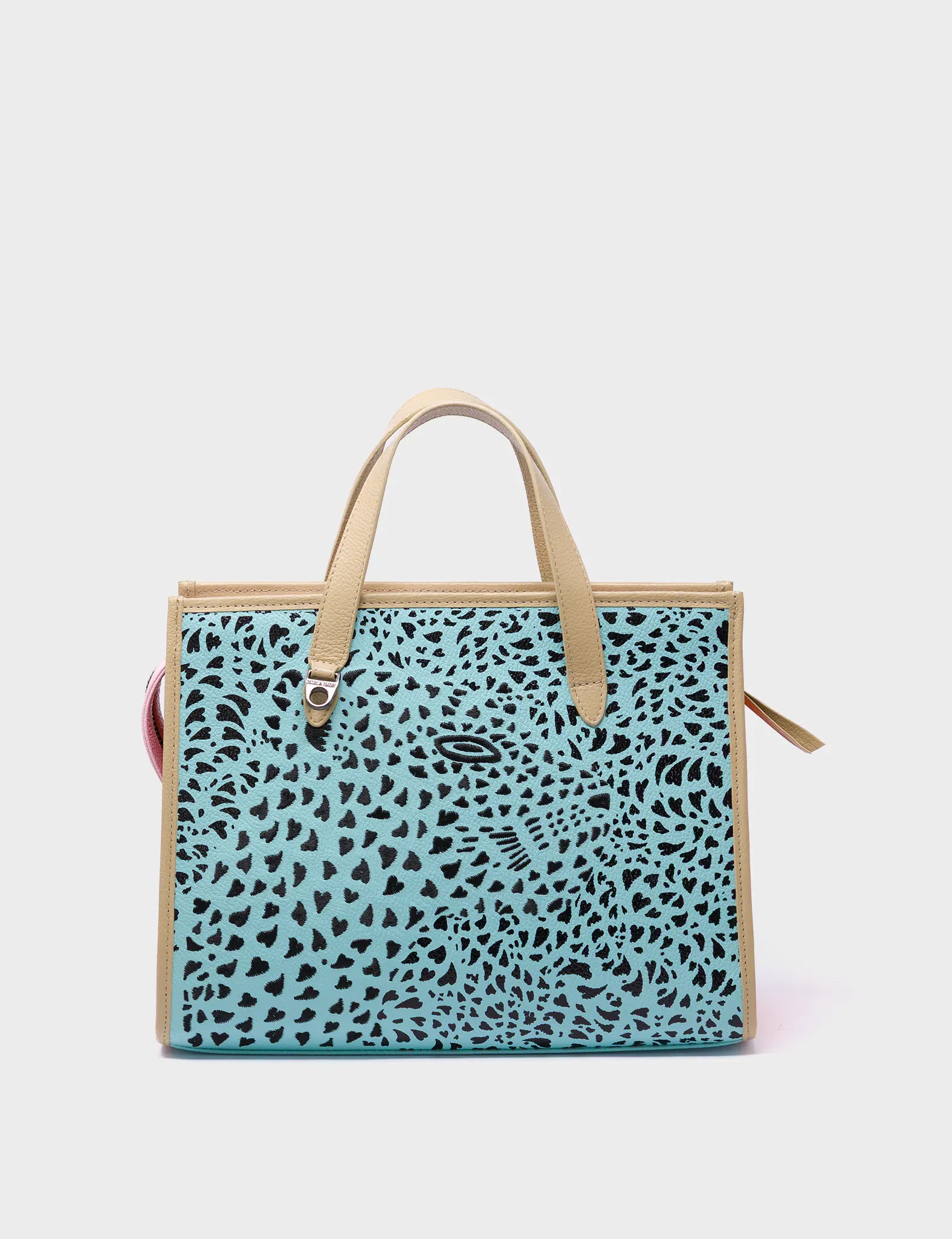 Simon Eggshell Blue Leather Medium Handbag - Retro Tiger Design - Front View