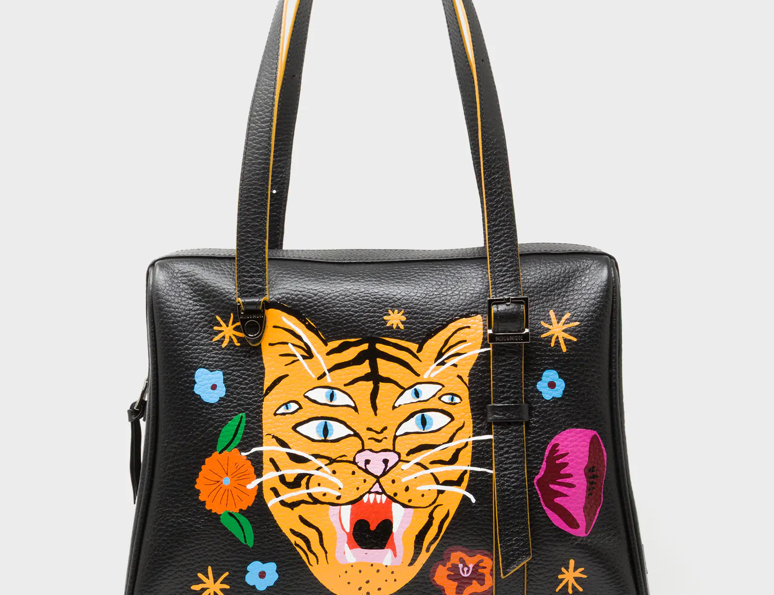 Esther Black Satchel Bag - Happy Tiger Print - Front