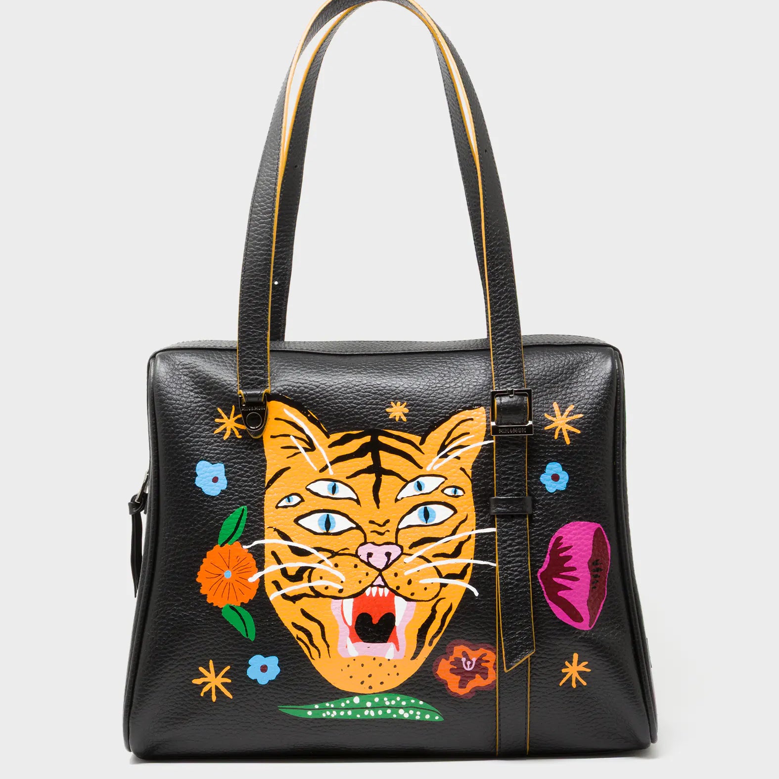 Esther Black Satchel Bag - Happy Tiger Print - Front