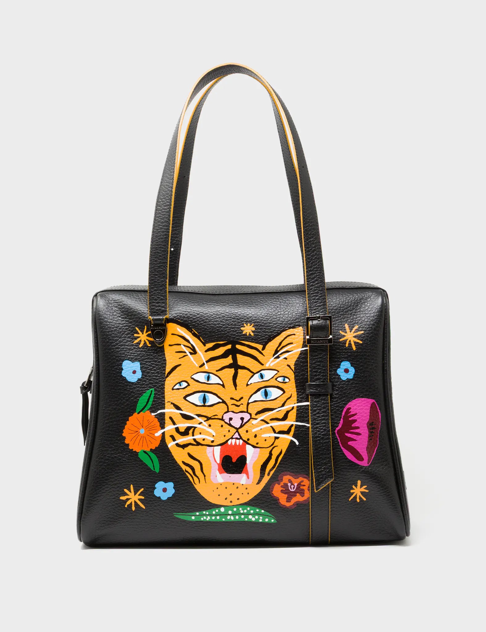 Esther Black Satchel Bag - Happy Tiger Print - Front