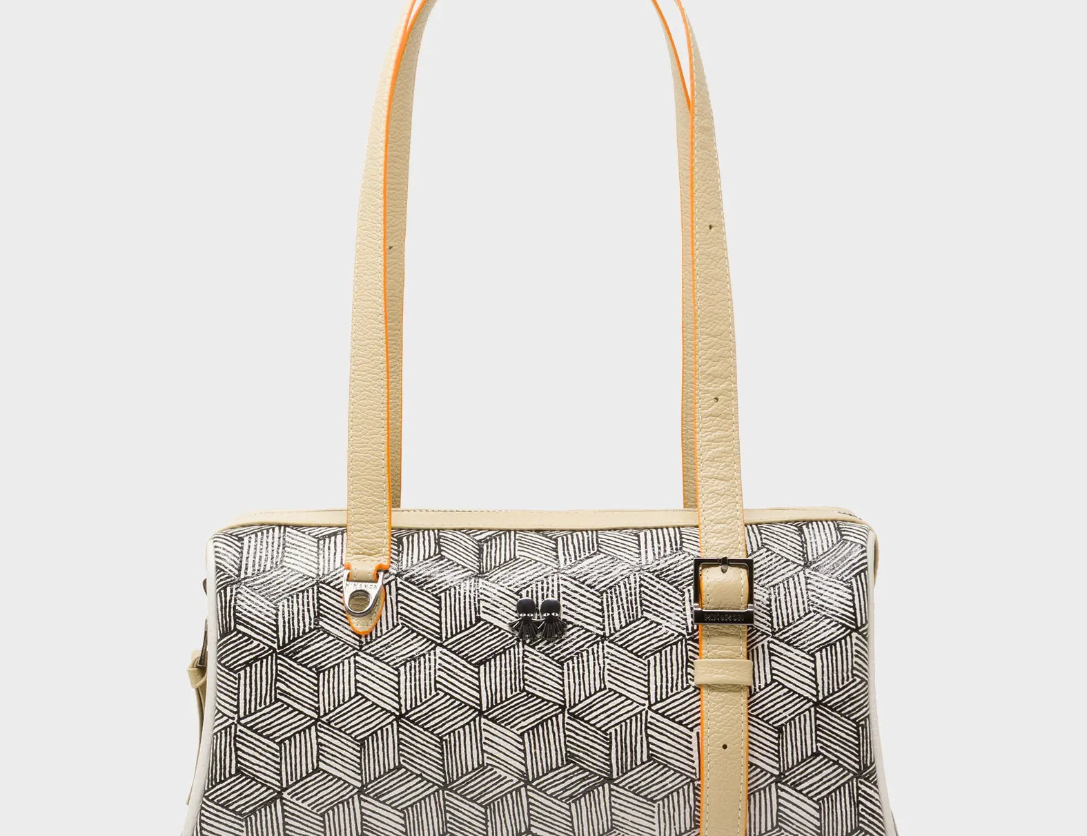 Esther Cream Satchel Mini Bag - All Over Eyes Embroidery and Cubes Print - Front View