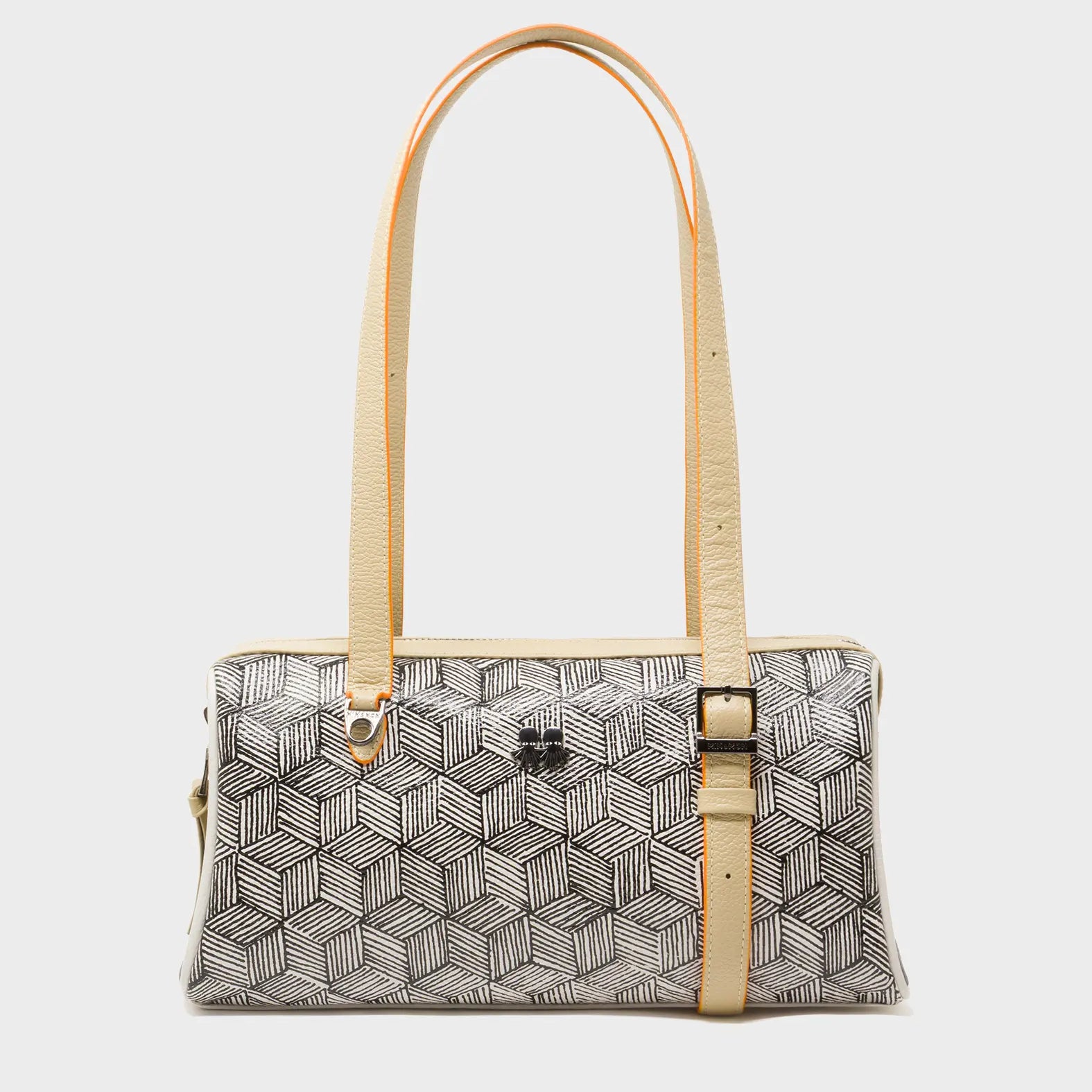 Esther Cream Satchel Mini Bag - All Over Eyes Embroidery and Cubes Print - Front View