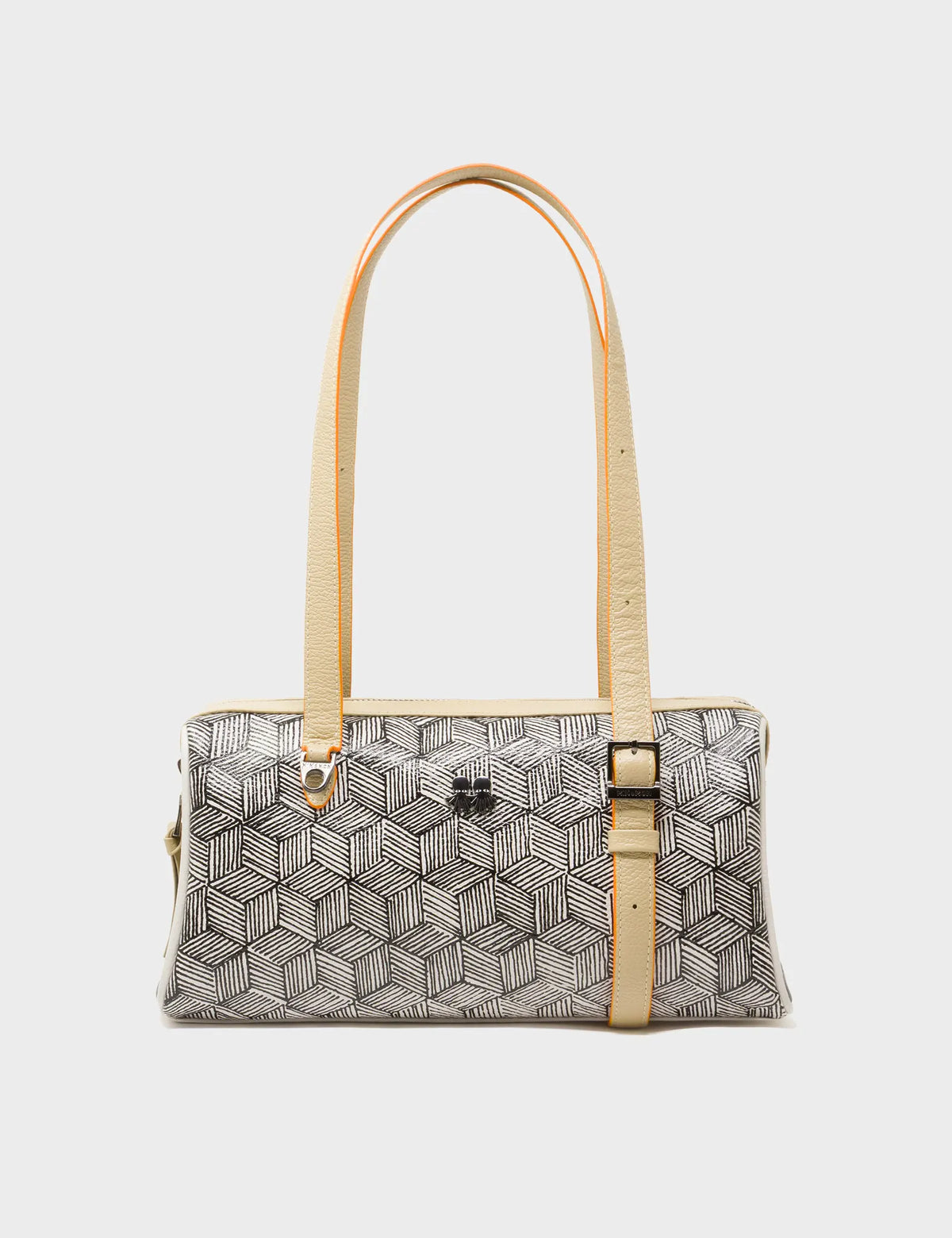 Esther Cream Satchel Mini Bag - All Over Eyes Embroidery and Cubes Print - Front View