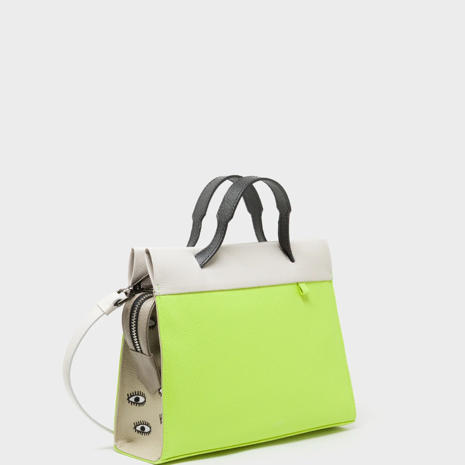 Vali Crossbody Sharp Green Leather Bag - All Over Eyes Embroidery - Handles View