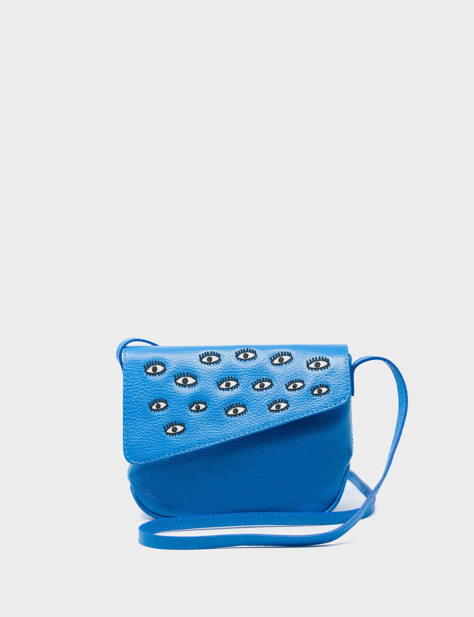 Bruno Mini Crossbody Ibiza Blue Leather Bag - All Over Eyes Embroidery - Front View