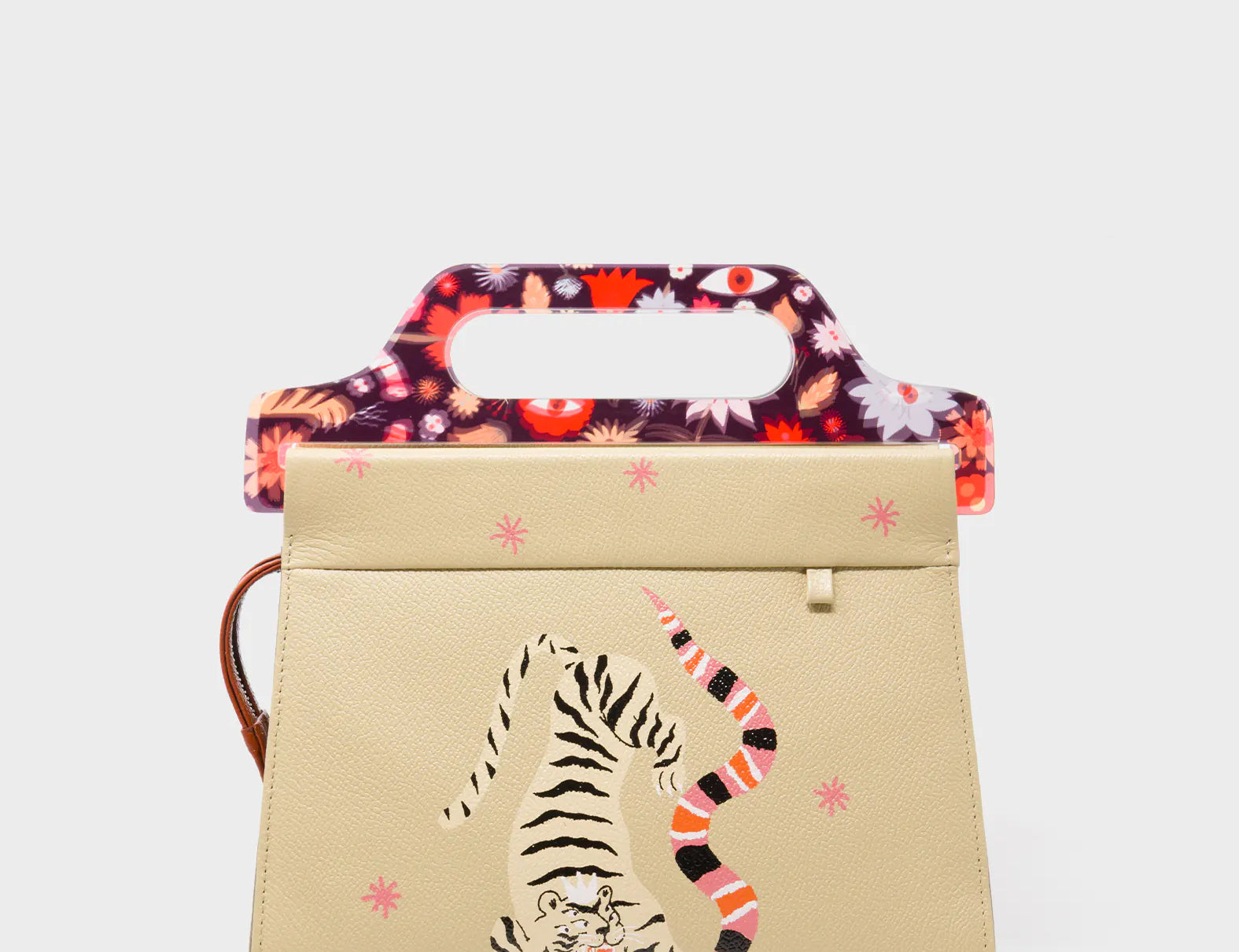 Vali Taupe Leather Crossbody Handbag Plastic Handle - Creatures of the Future Print - Front