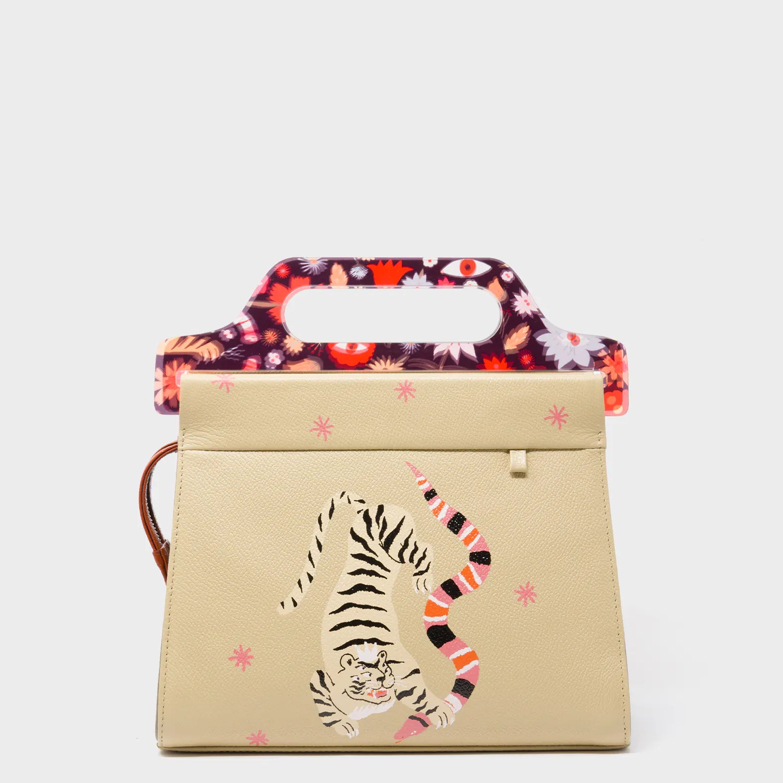 Vali Taupe Leather Crossbody Handbag Plastic Handle - Creatures of the Future Print - Front