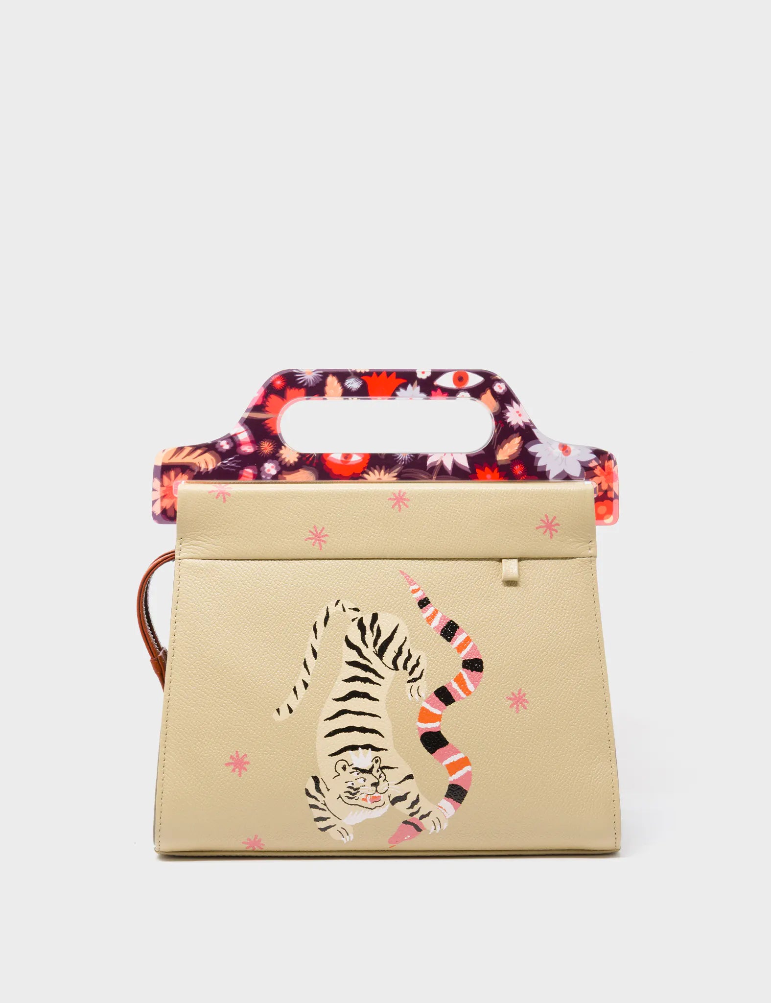 Vali Taupe Leather Crossbody Handbag Plastic Handle - Creatures of the Future Print - Front