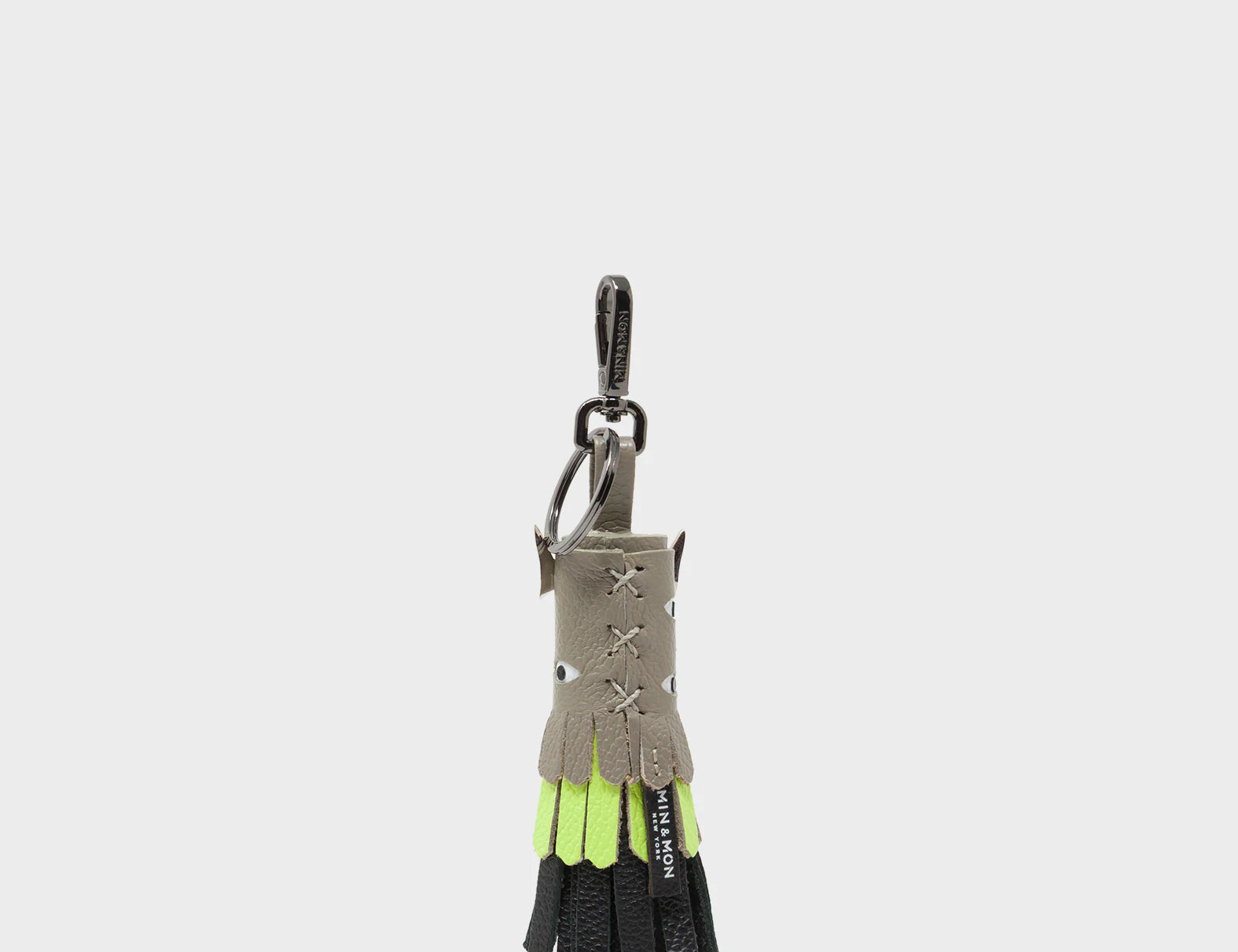 Oliver The Ox Charm - Neon Lime and Tuffet Brown Leather Keychain - Back View