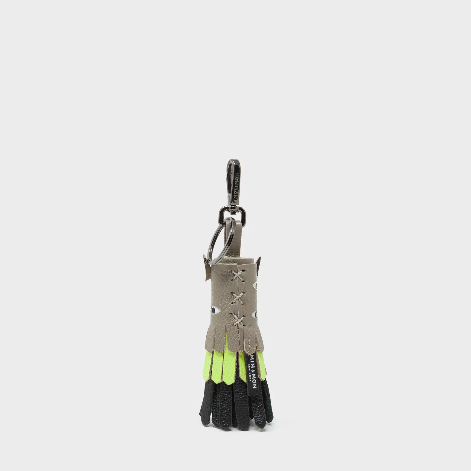 Oliver The Ox Charm - Neon Lime and Tuffet Brown Leather Keychain - Back View