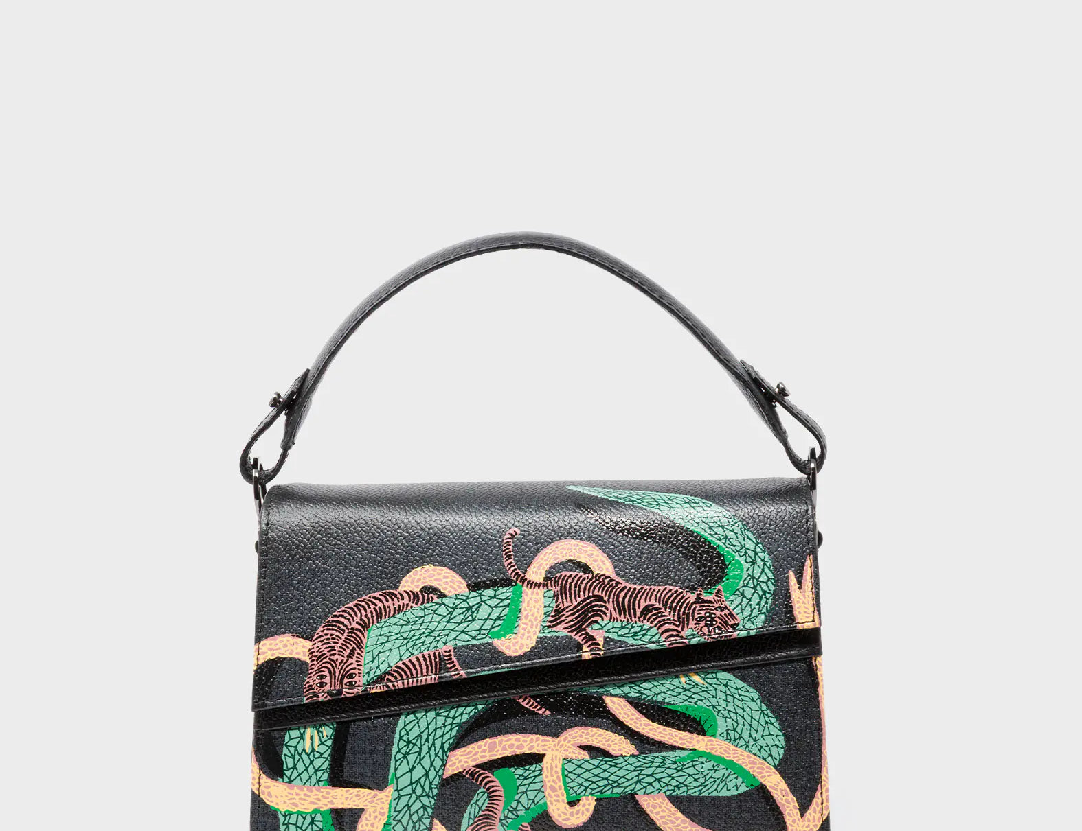Anastasio Mini Crossbody Handbag Black Leather - Tiger and Snake Print - Front View