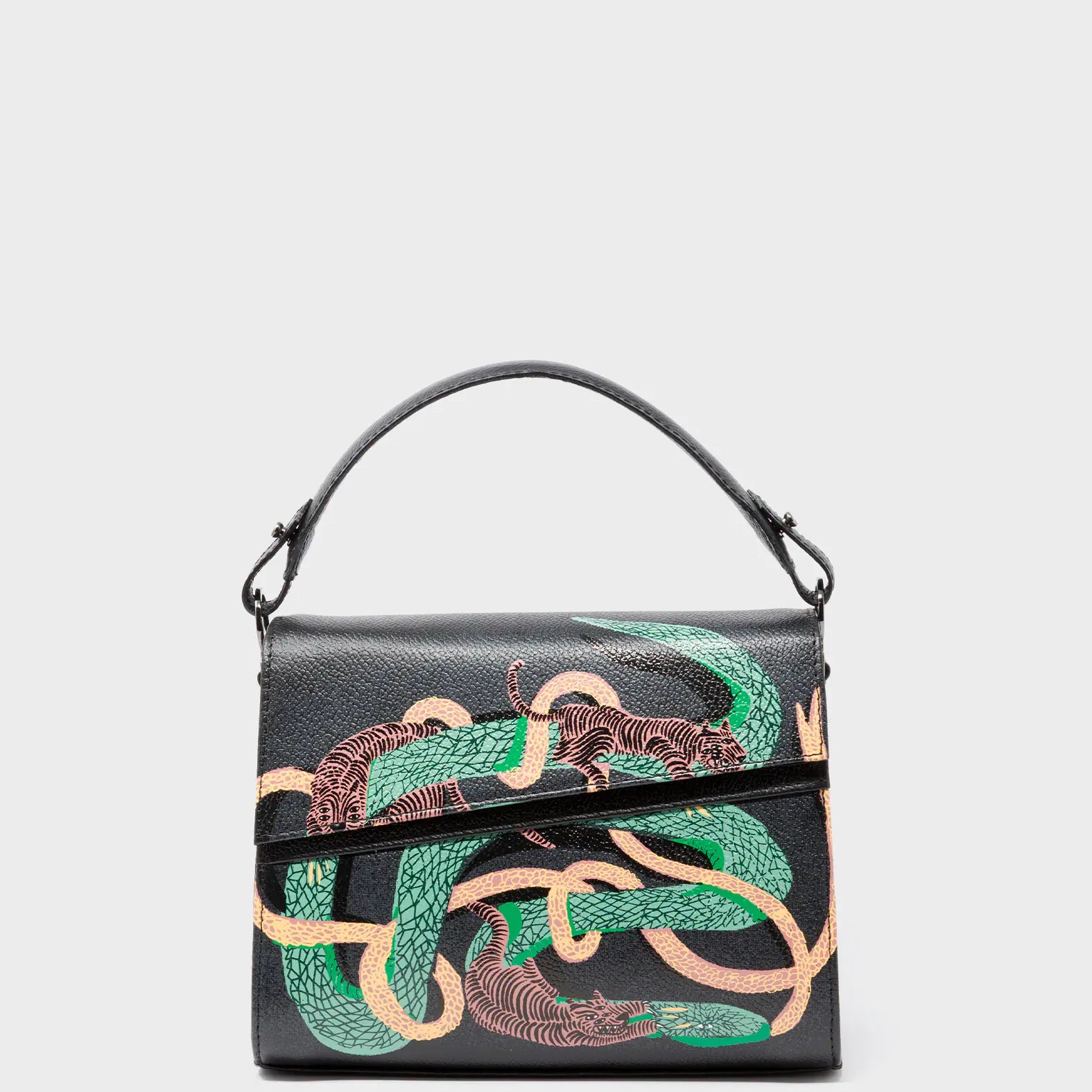 Anastasio Mini Crossbody Handbag Black Leather - Tiger and Snake Print - Front View