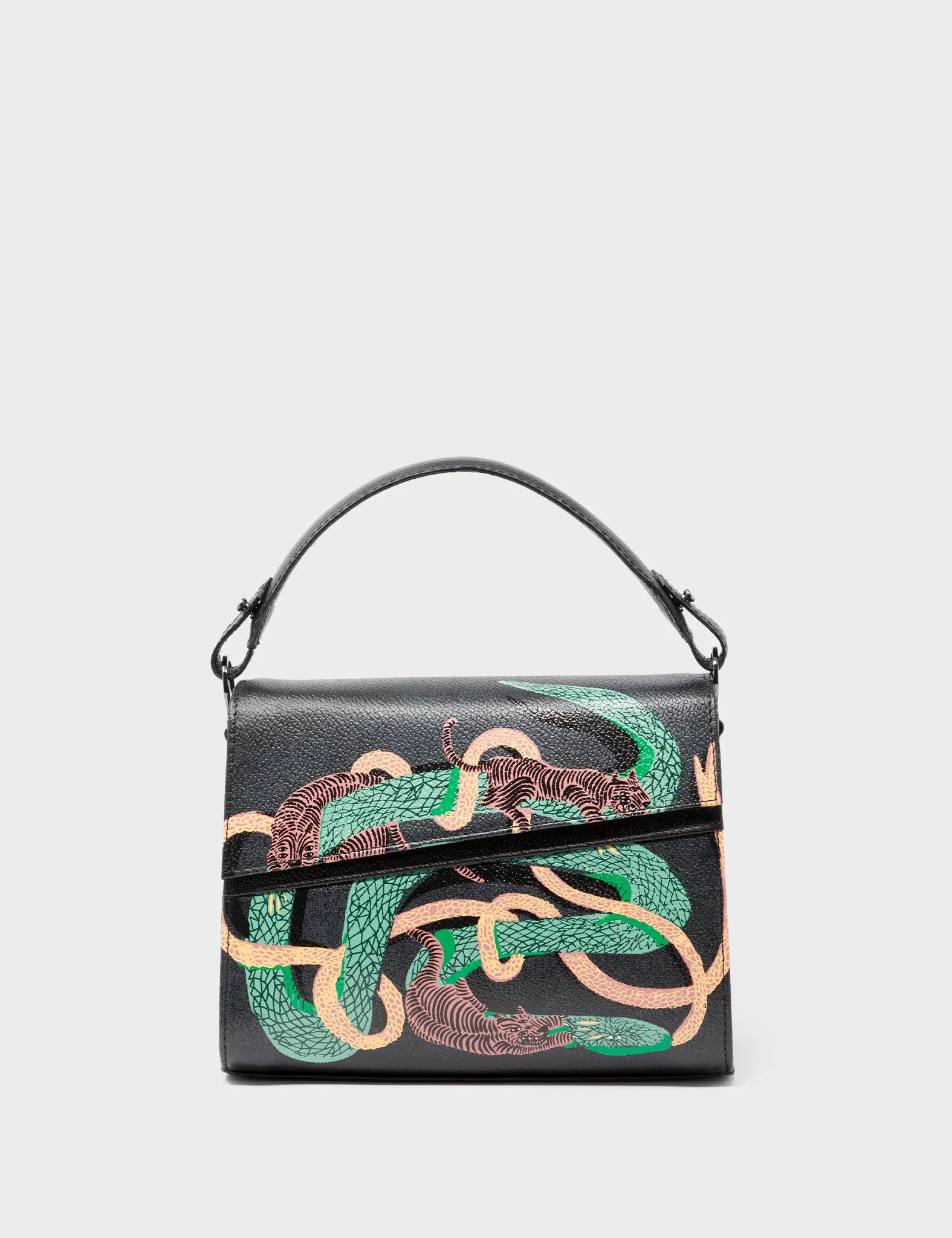 Anastasio Mini Crossbody Handbag Black Leather - Tiger and Snake Print - Front View