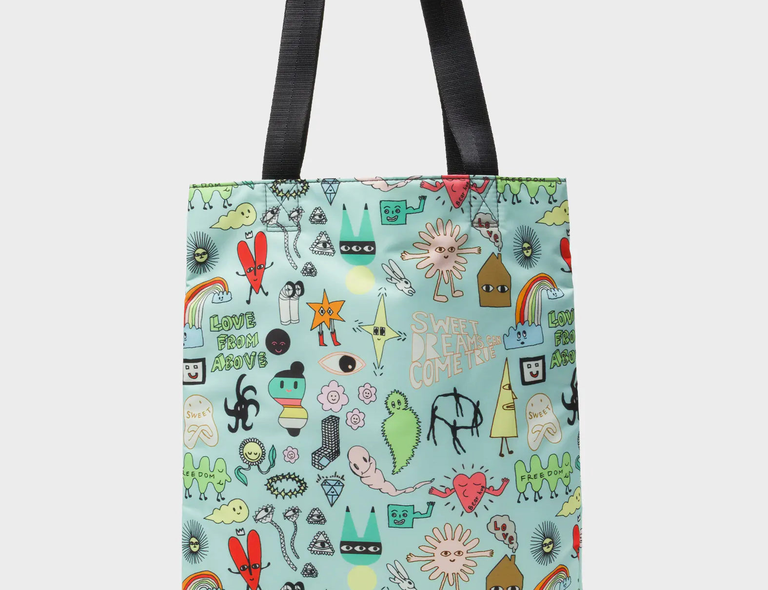 The Everyday Tote Bag - Light Blue Cyclepet Fabric Dreams Can Come True Print - Front View