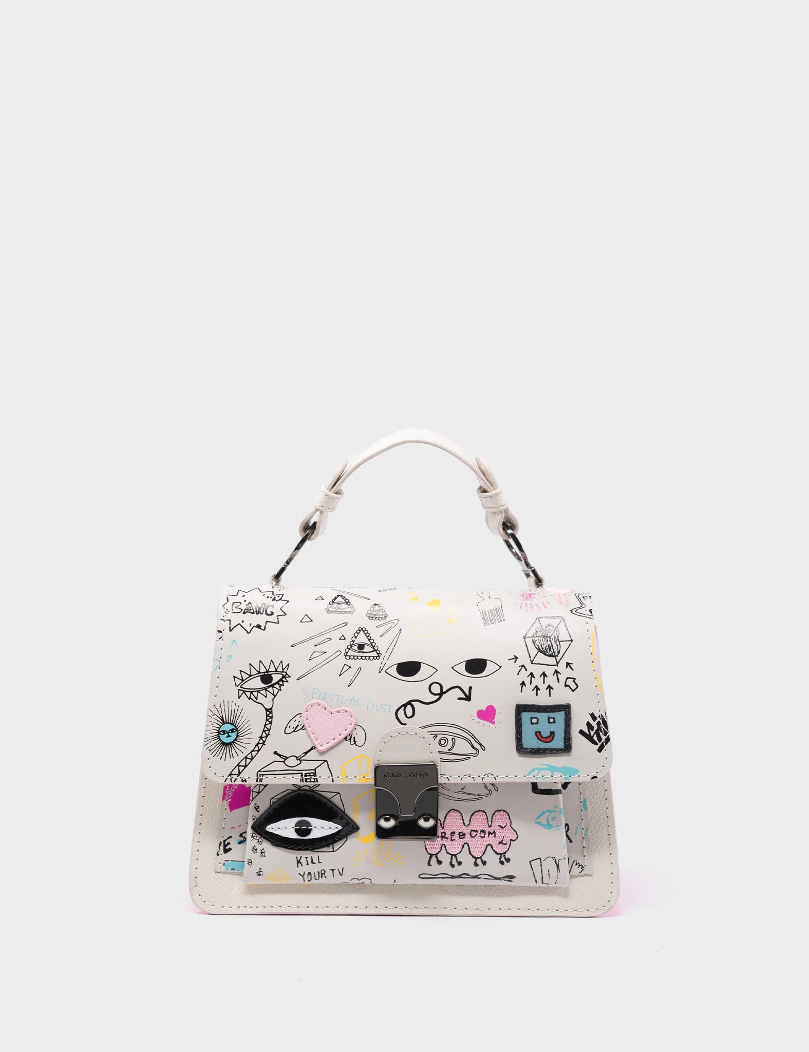 Silas Cream Small Leather Crossbody Bag - Urban Doodles Print - Front View