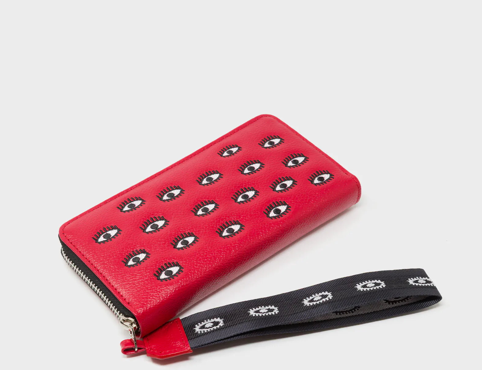 Francis Jester Red Leather Wallet - All Over Eyes Embroidery - Side View