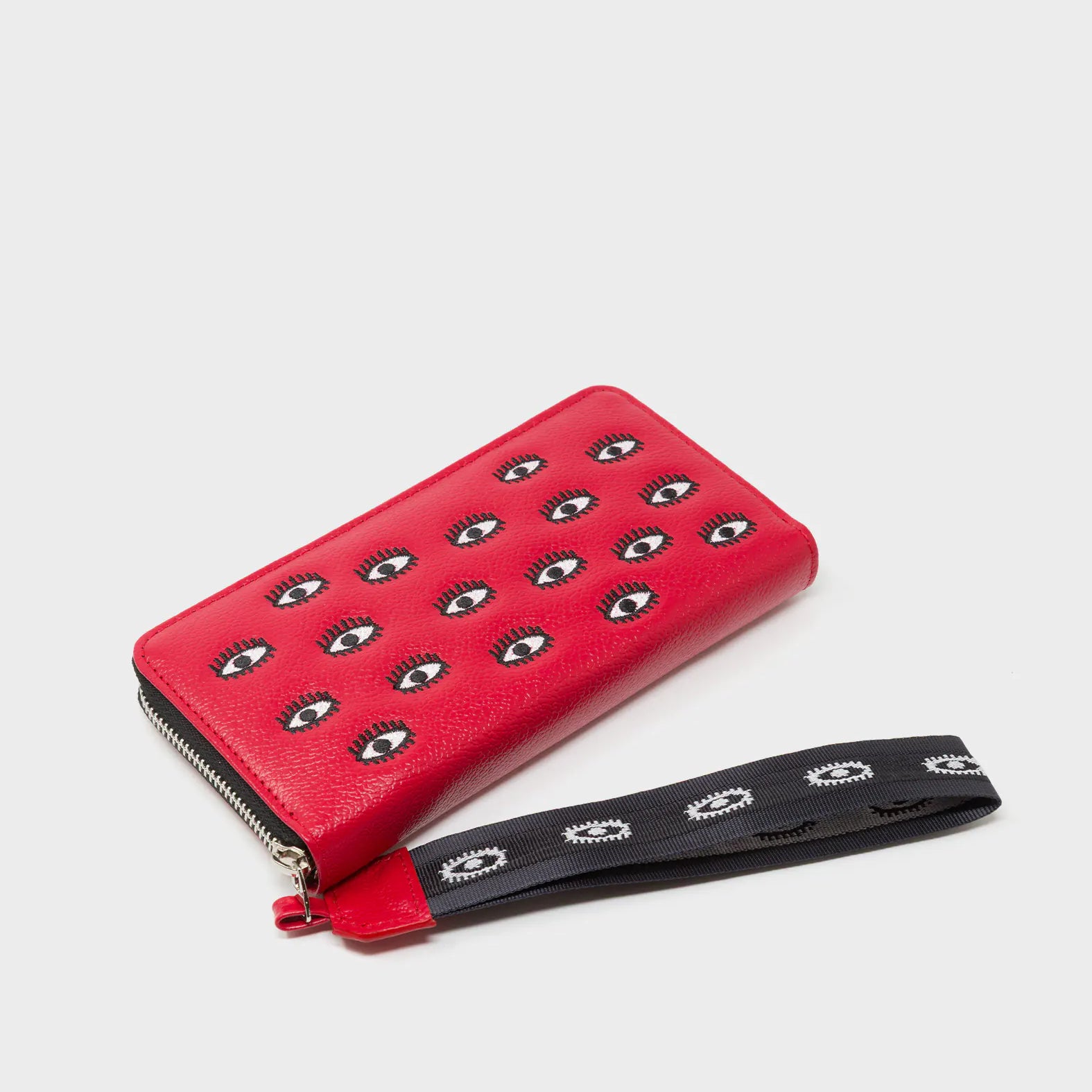 Francis Jester Red Leather Wallet - All Over Eyes Embroidery - Side View
