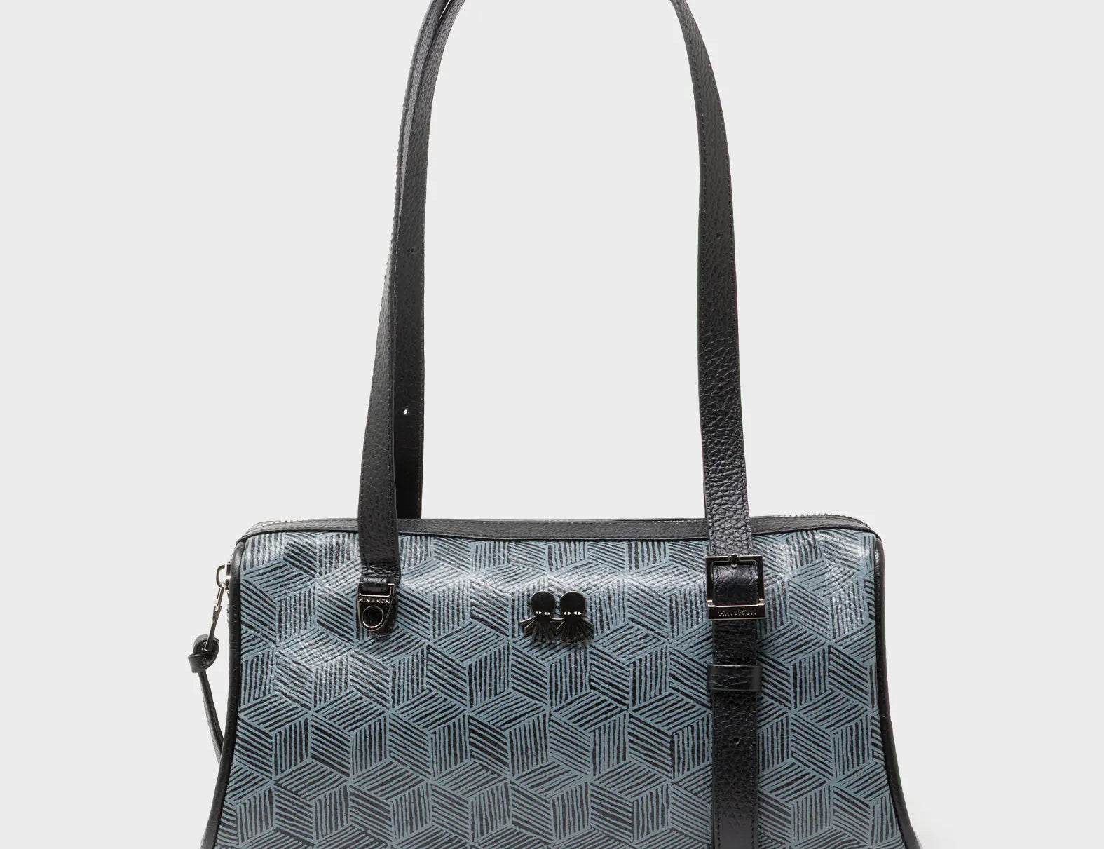 Esther Black Satchel Mini Bag - All Over Eyes Embroidery and Cubes Print - Front View